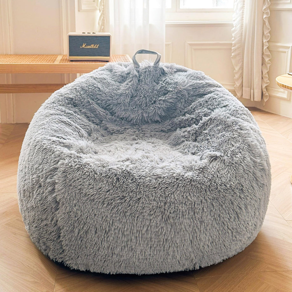 XeGe Faux Fur Stuffed Animal Storage Bean Bag CoverNo Filler, Light Grey