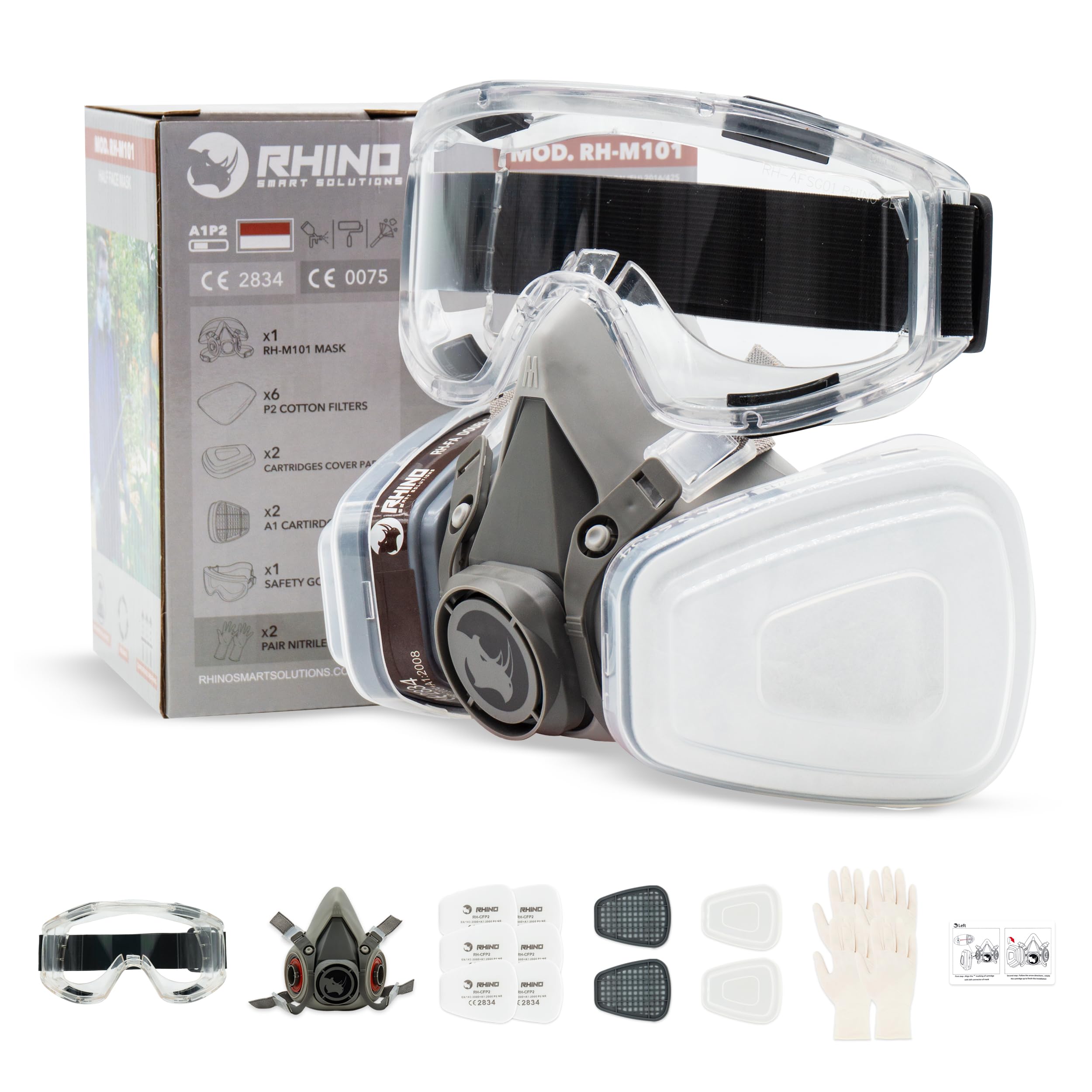 RHINO RH-M101 Respirator Mask with A1P2 Filters and Safety Goggles