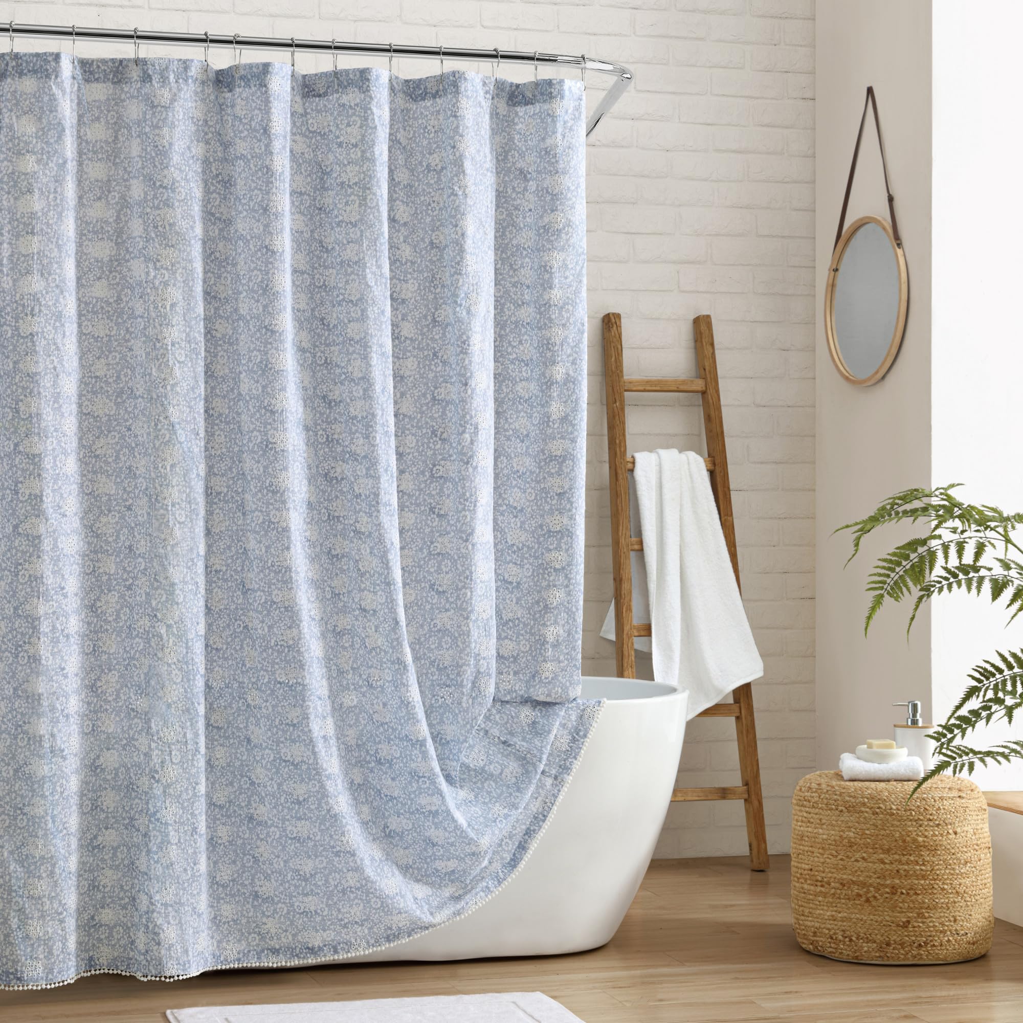 Peri Home Blue Ikat Eyelet Cotton Shower Curtain | 72 x 72 Inches