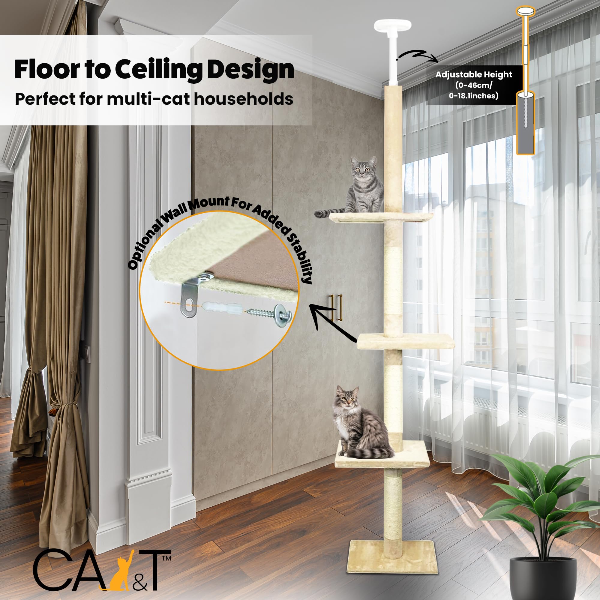CA&T Floor to Ceiling Cat Tree – Height Adjustable Plush Climbing Tower