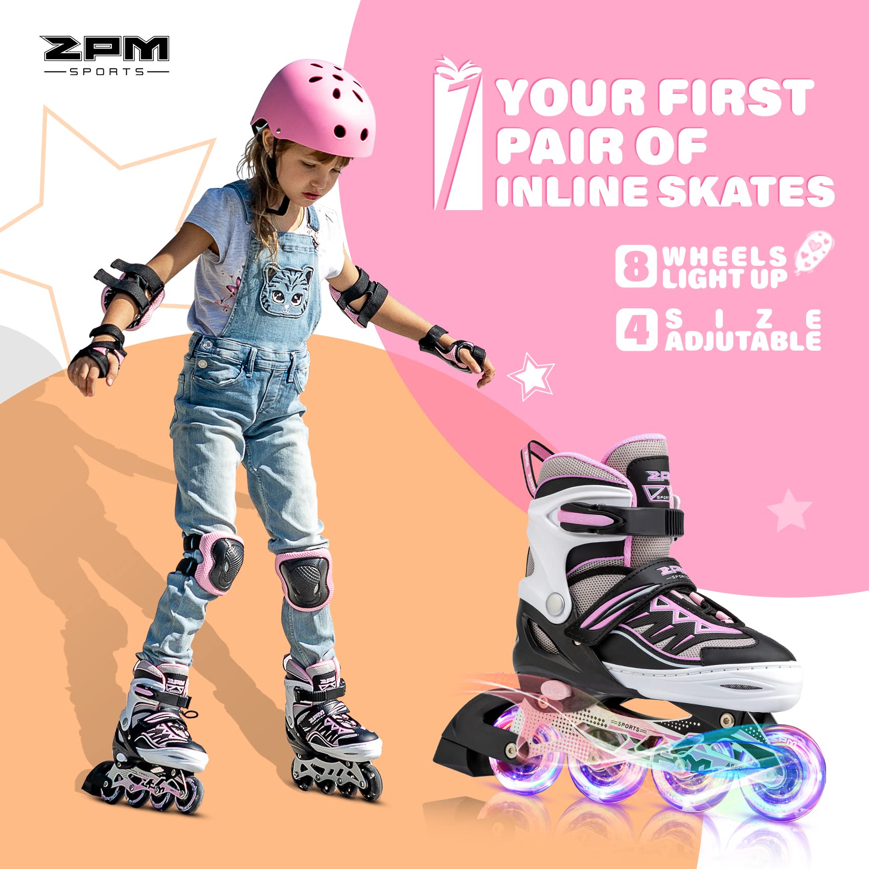 2pm Sports Light up Inline Skates - Adjustable Kids Roller Skates, Pink