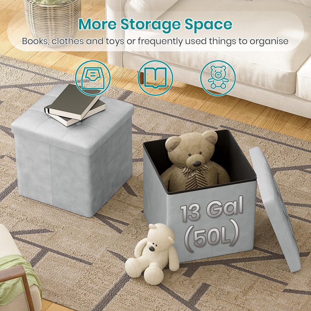 Oak & Tea Storage Ottoman Cube, Foldable Velvet Footstool, Light Grey - image 4