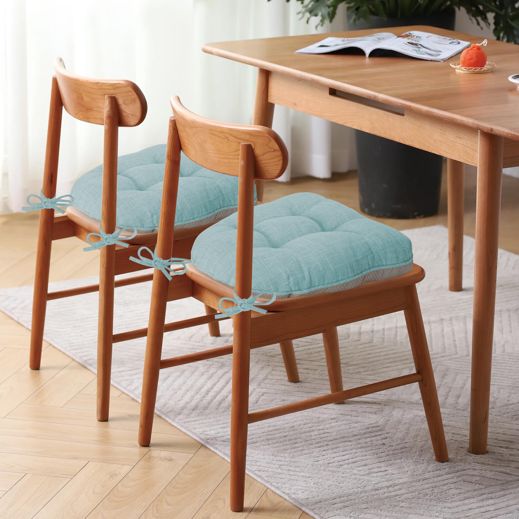 FlyGulls Non-Slip Dining Chair Cushions - Set of 4 Tufted Faux Linen Pads