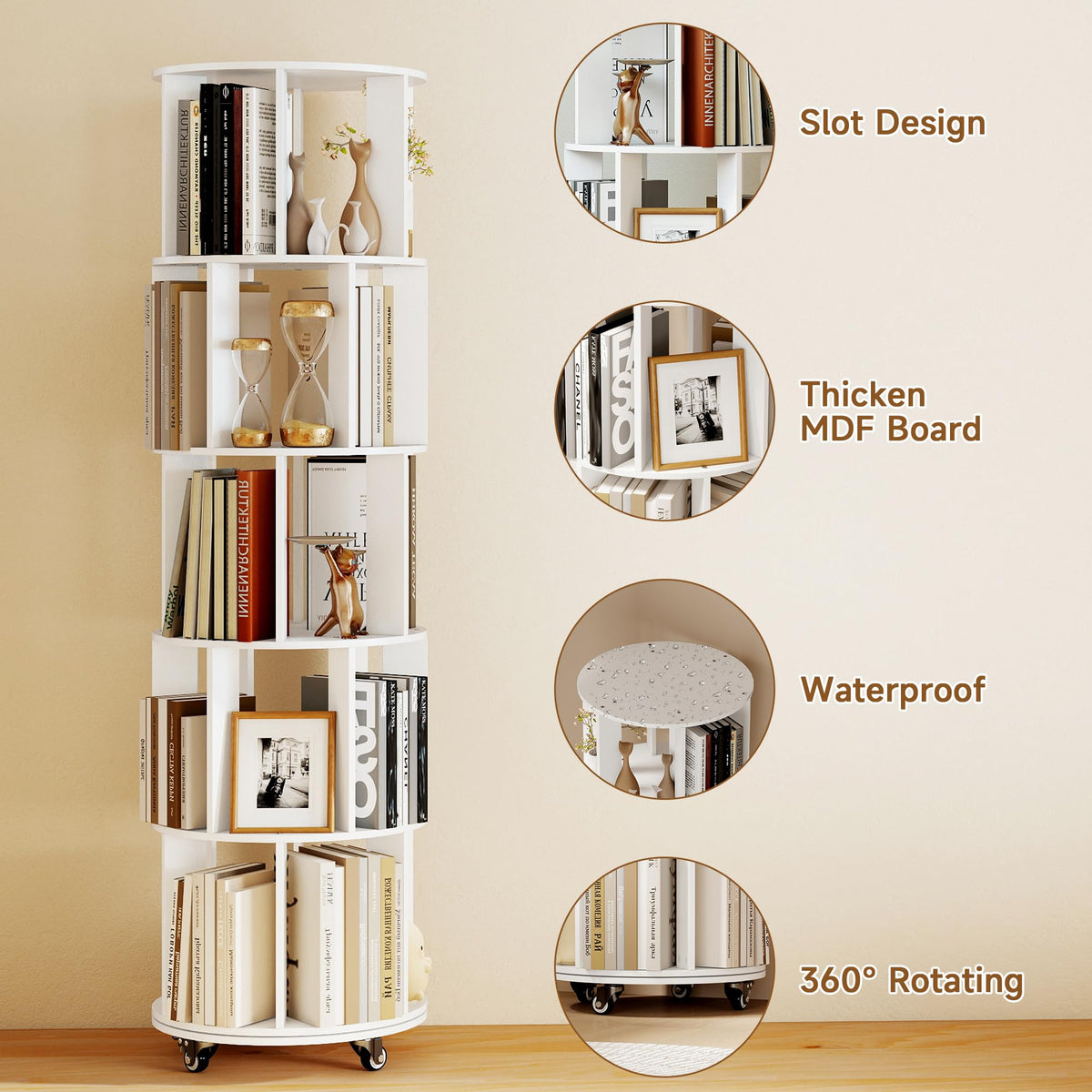 Turosur 5-Tier Rotating Bookshelf, 360° Revolving Bookcase Floor Standing - image 5