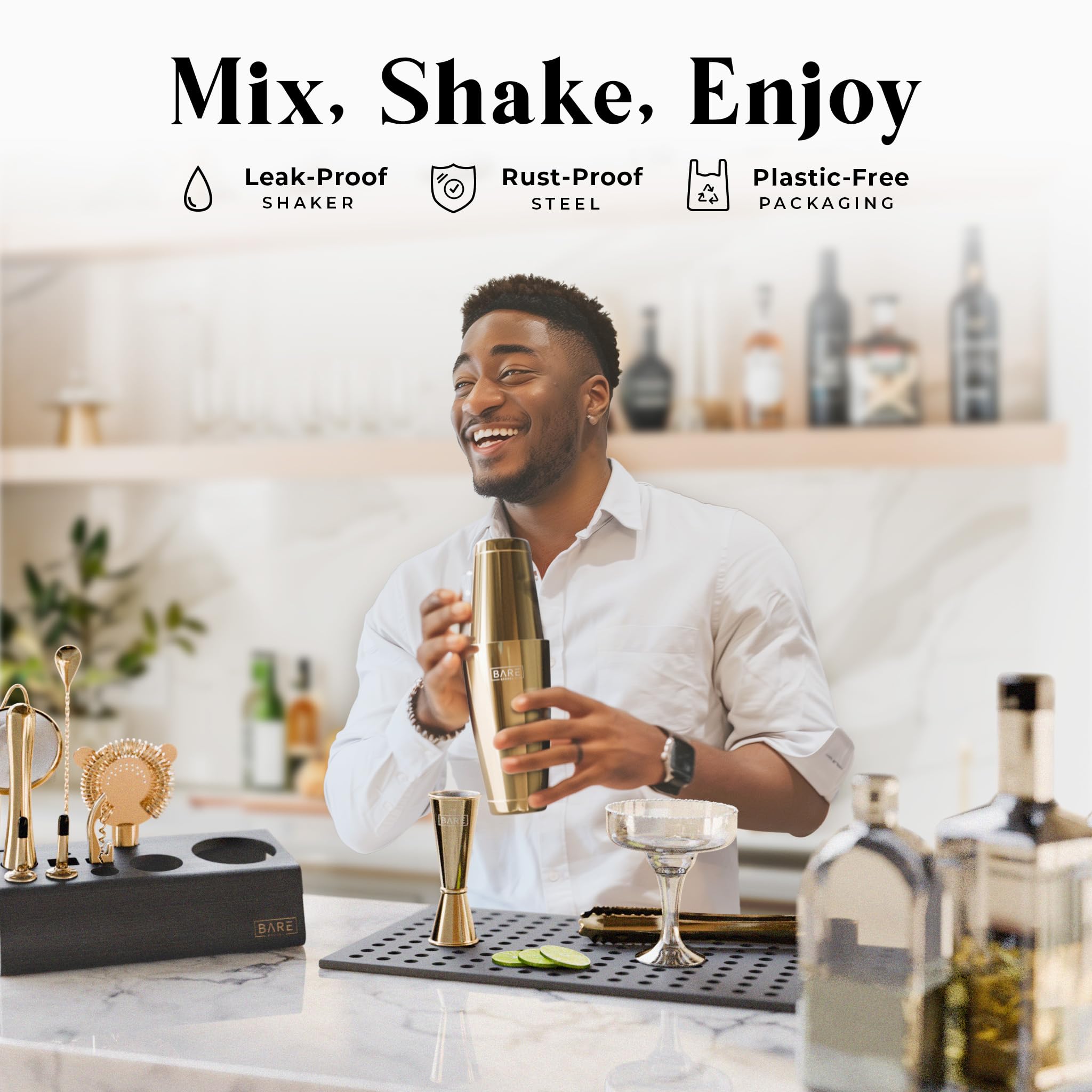 Bare Barrel 14-Piece Cocktail Making Kit with Bamboo Stand & Recipes