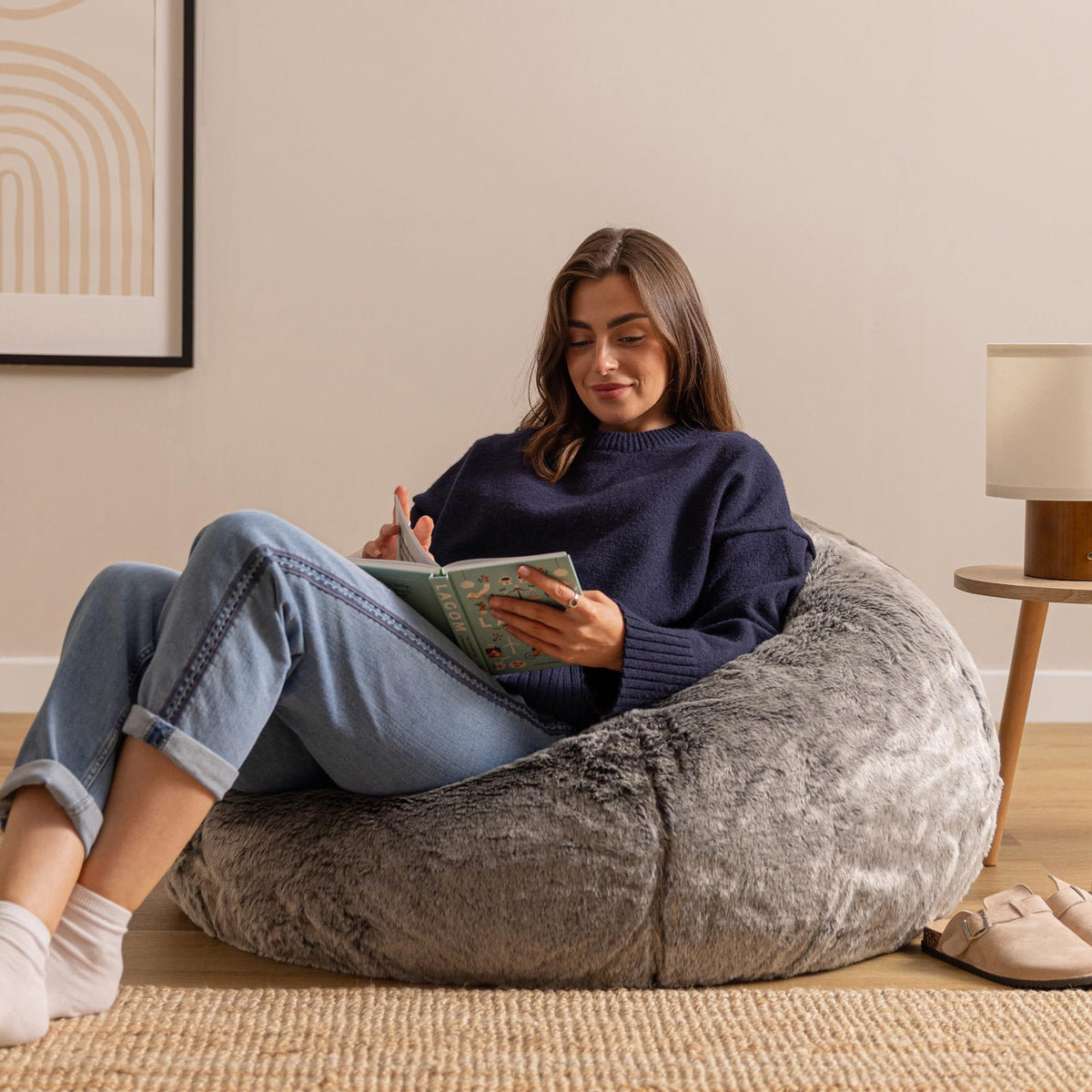 icon Kingston Faux Fur Fluffy Bean Bag with Filling Included, Grey - image 2
