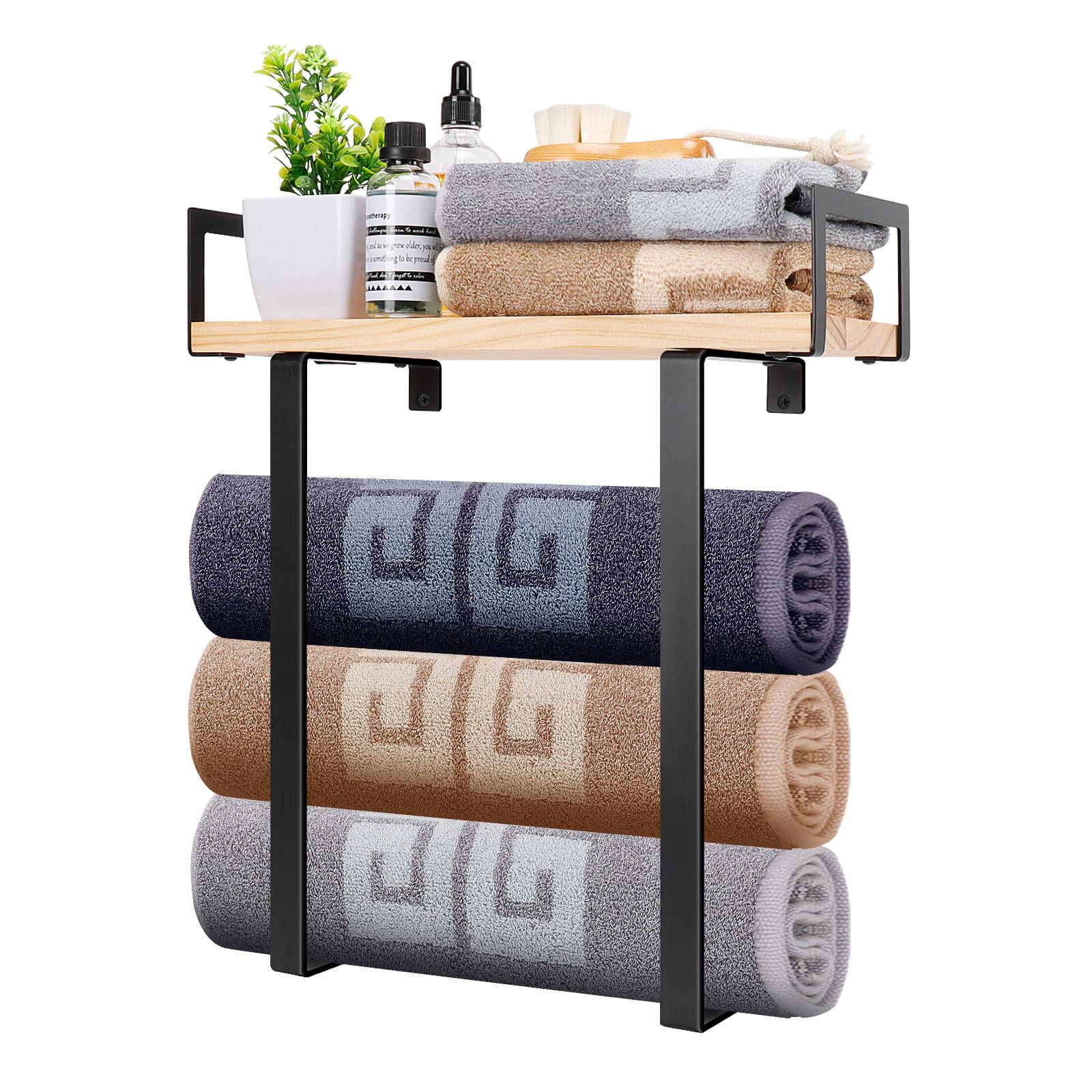 NearMoon Wall Mounted Towel Rack with Wooden Shelf – Matte Black Metal