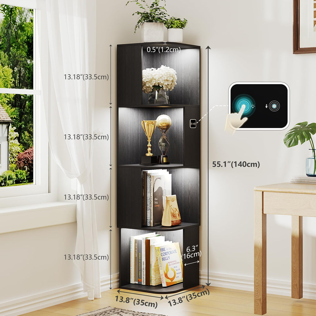 55.1 " Corner Wood Bookcase with Body Sensor LED for Home Office,Black - image 2