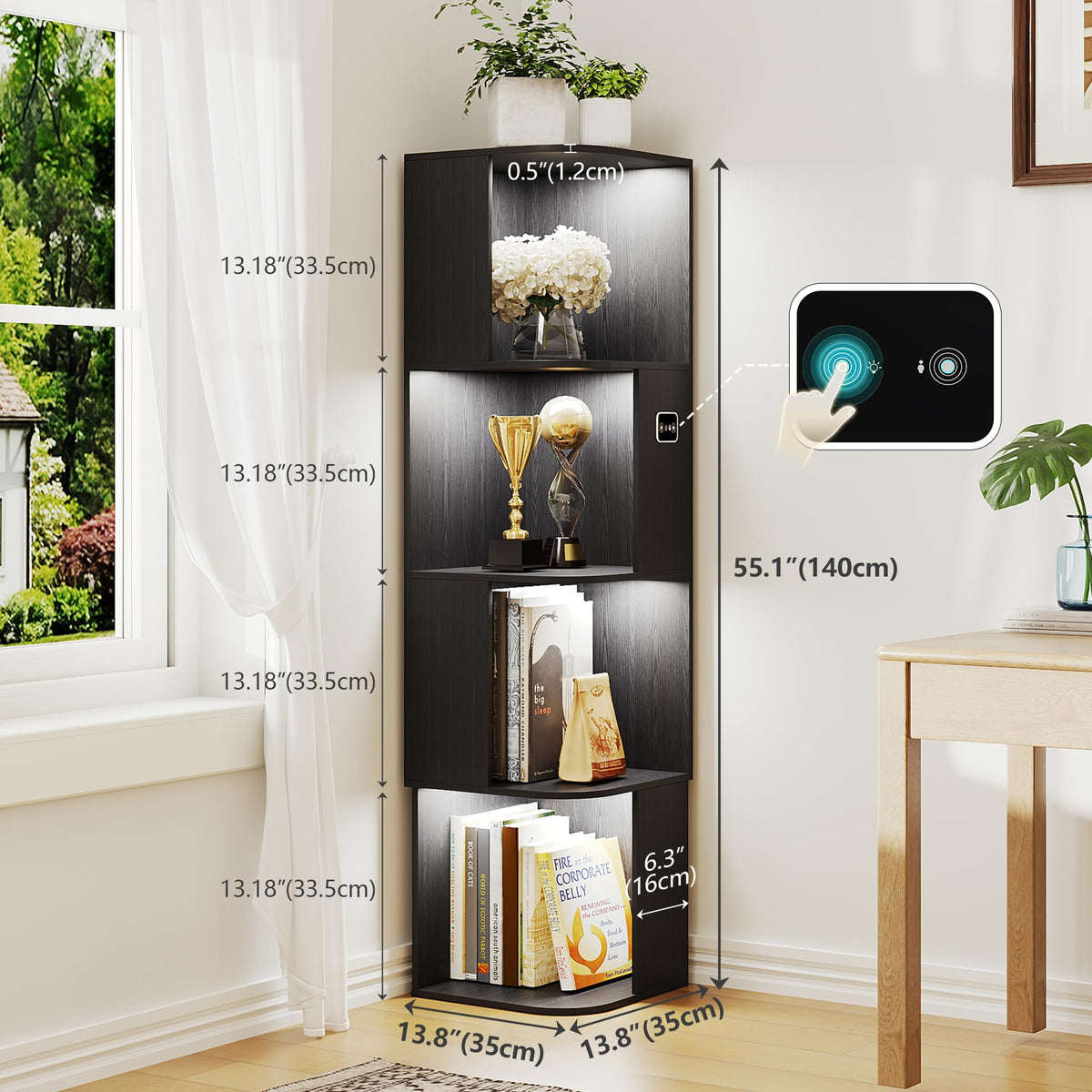 55.1 " Corner Wood Bookcase with Body Sensor LED for Home Office,Black - image 2