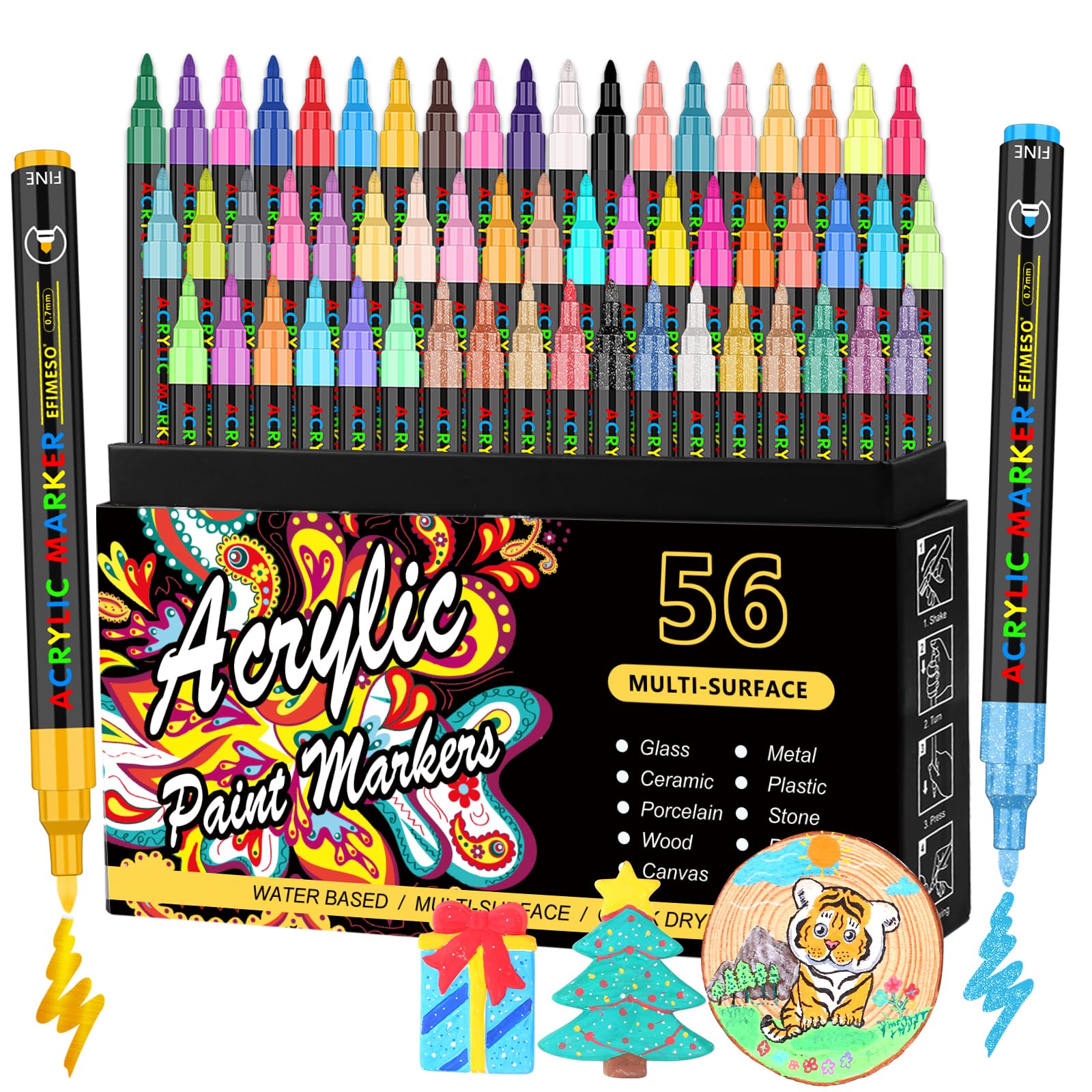 Efimeso 56-Color Acrylic Paint Pens | 0.7mm Extra Fine Tip Markers
