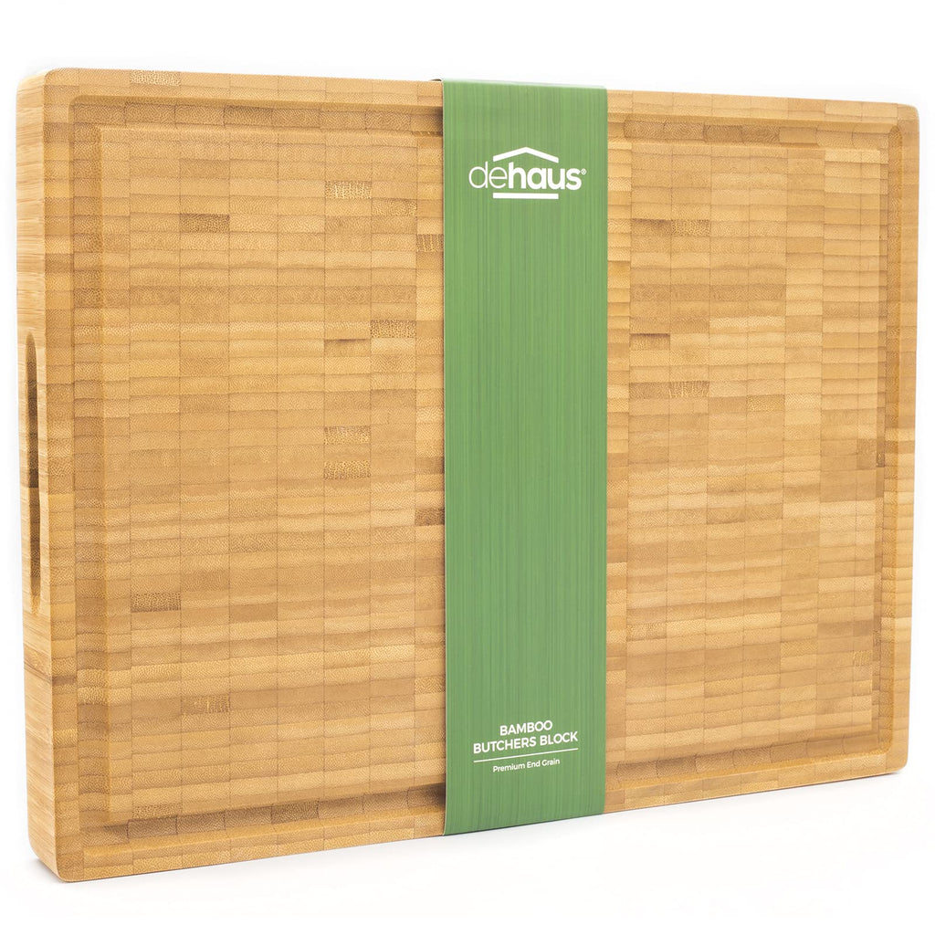 Dehaus End Grain Bamboo Chopping Board – Extra Large Butcher Block with Handles
