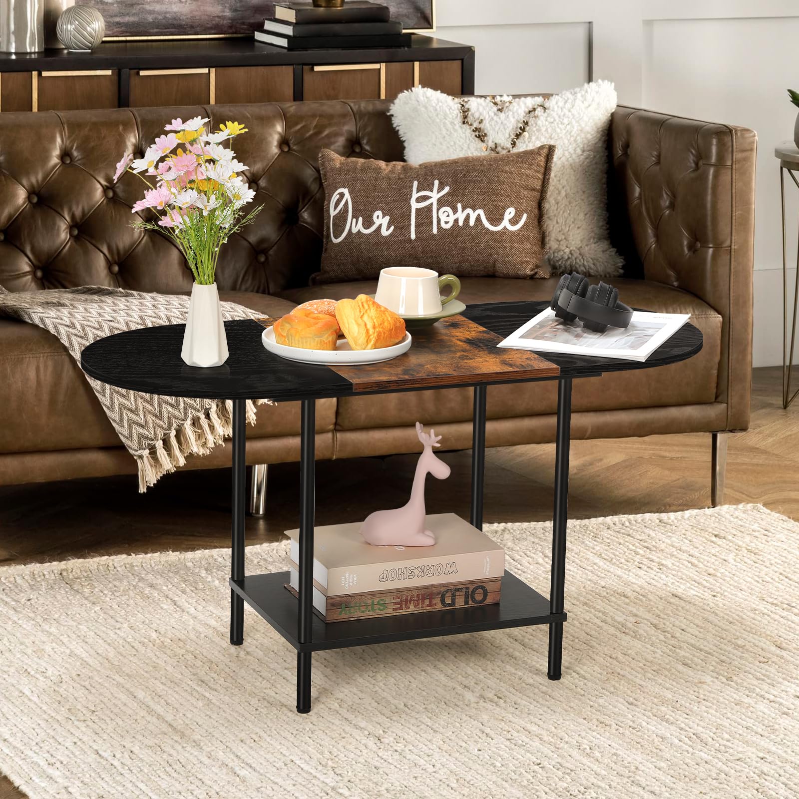 Shinoske Industrial Oval Coffee Table with Storage Shelf – Wood & Metal