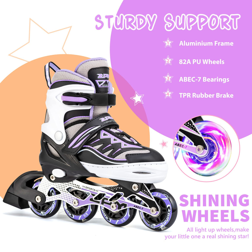 2pm Sports Light up Inline Skates – Adjustable Beginner Skates, Purple Large