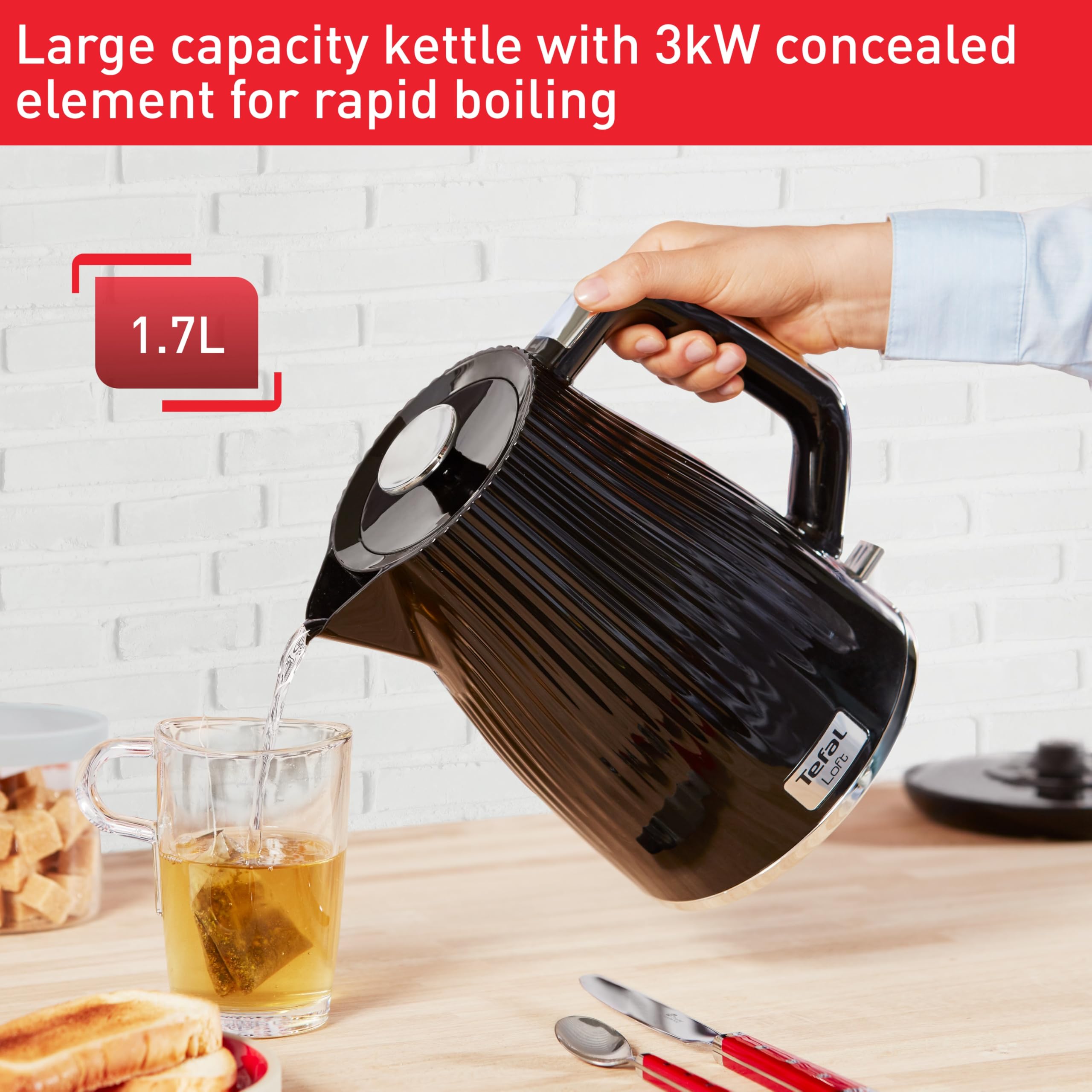 Tefal Loft Electric Kettle – 1.7L Fast Boil 3000W Cordless Design, Black
