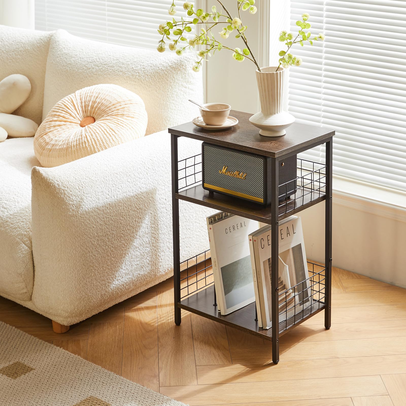 YMYNY 3-Tier Record Player Stand | Industrial Side Table - Rustic Brown