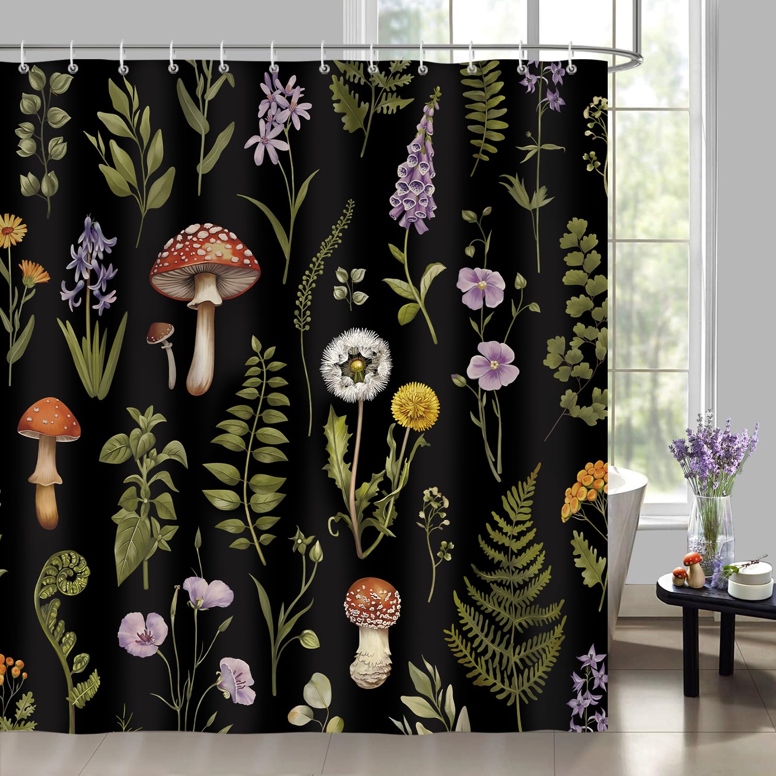 Jolof Store Mushroom Floral Shower Curtain | Vintage Forest Boho Decor