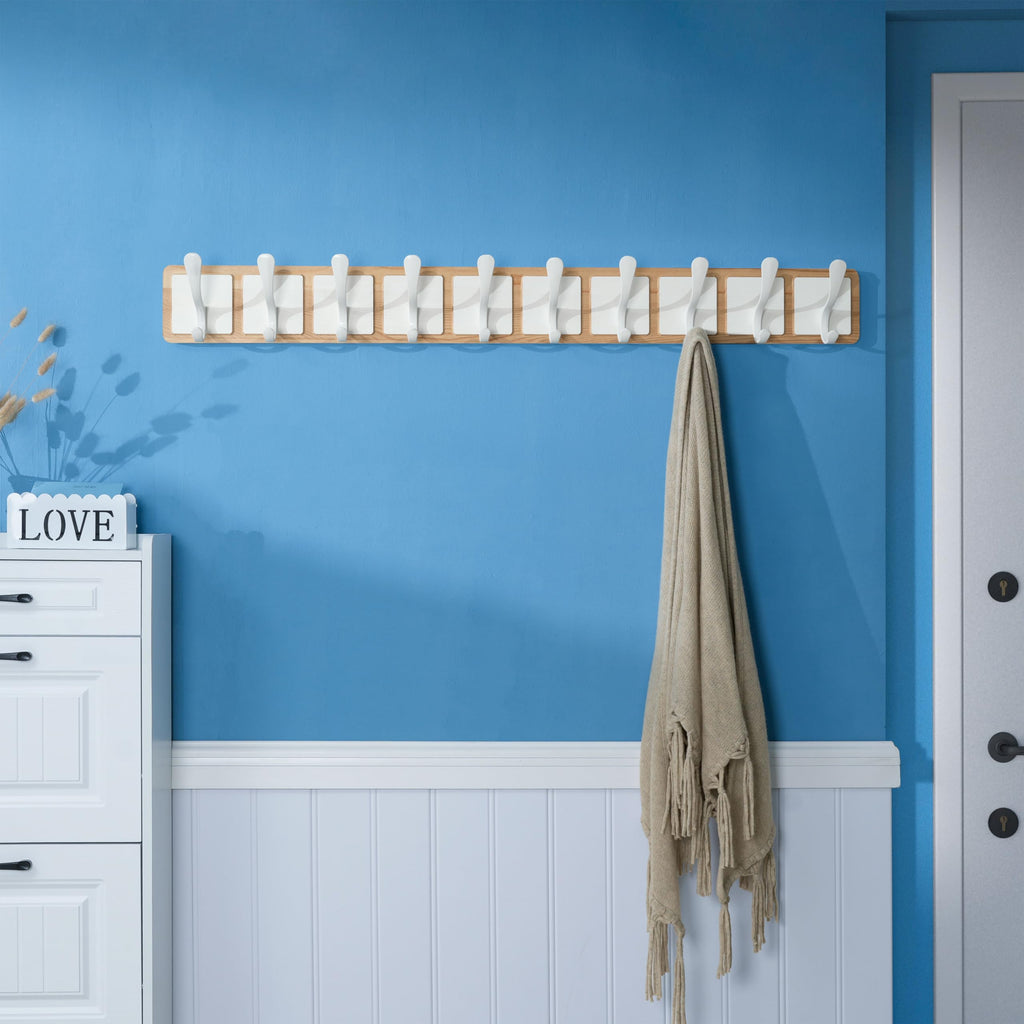 SKOLOO Scandi-Style Wooden Wall Mount Coat Rack | 10 Hooks, White & Natural