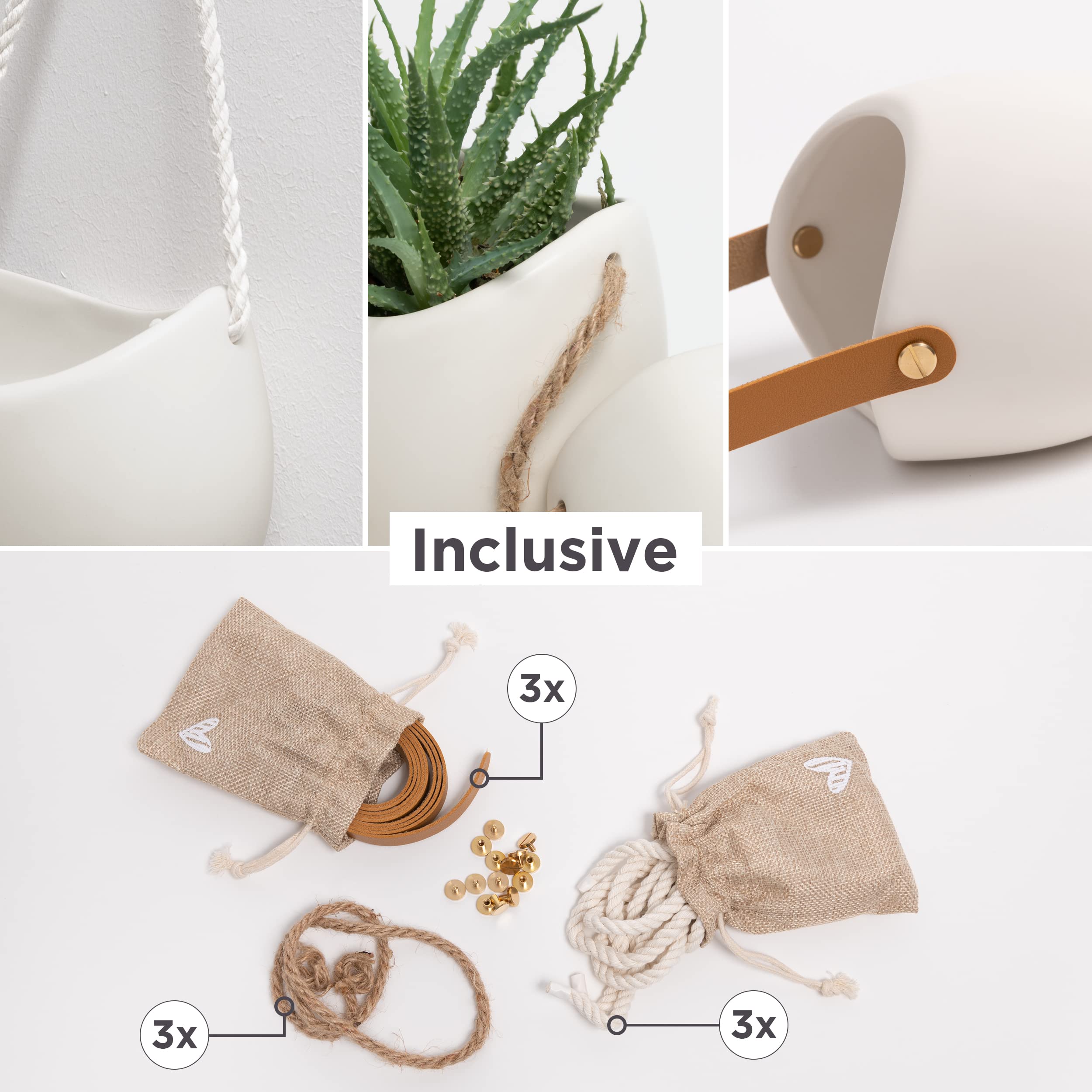 Kazai Ellie Hanging Ceramic Wall Planters – 3 Piece Indoor Garden Set, Cream
