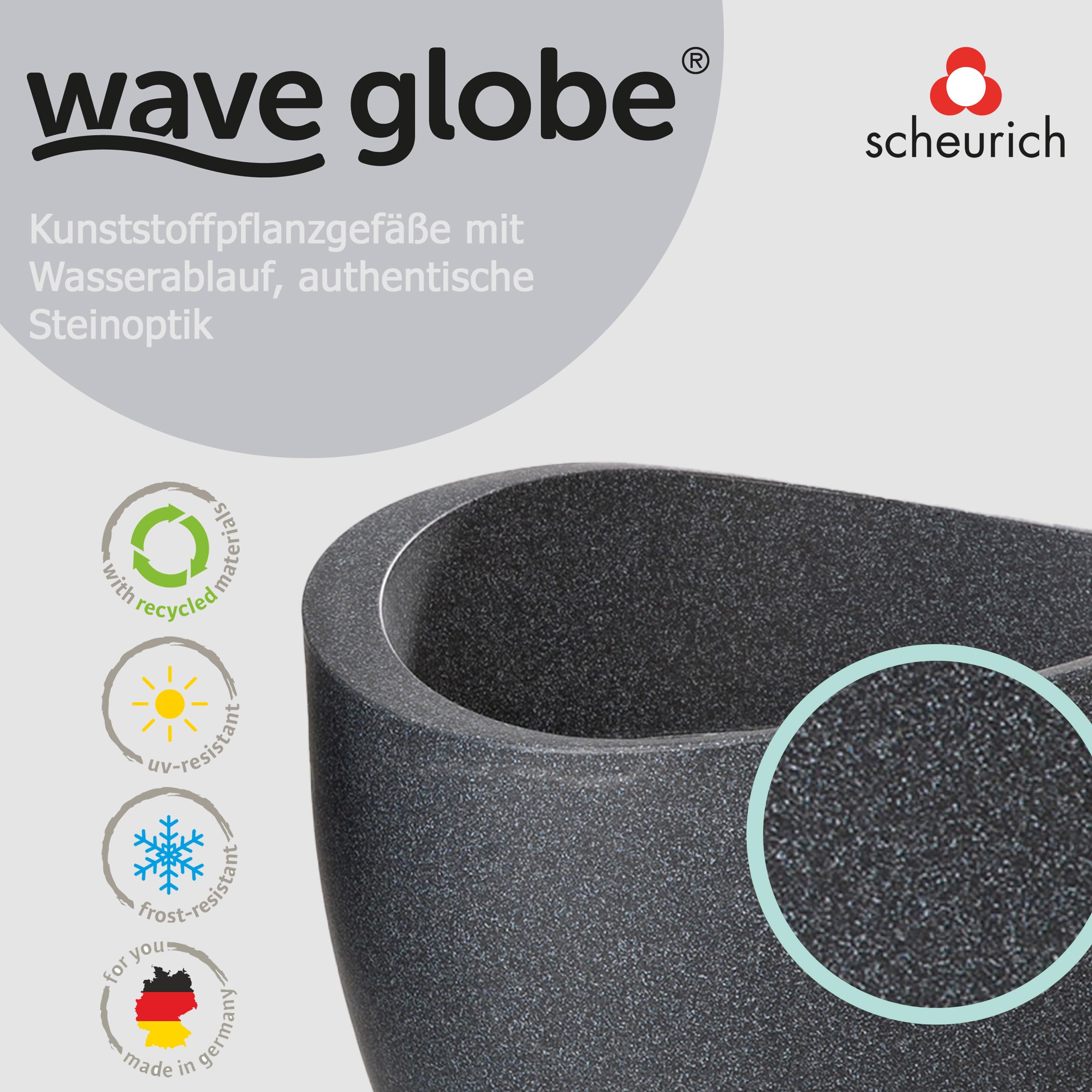 Scheurich Wave Globe – Black Granite Plastic Outdoor Planter, 40cm