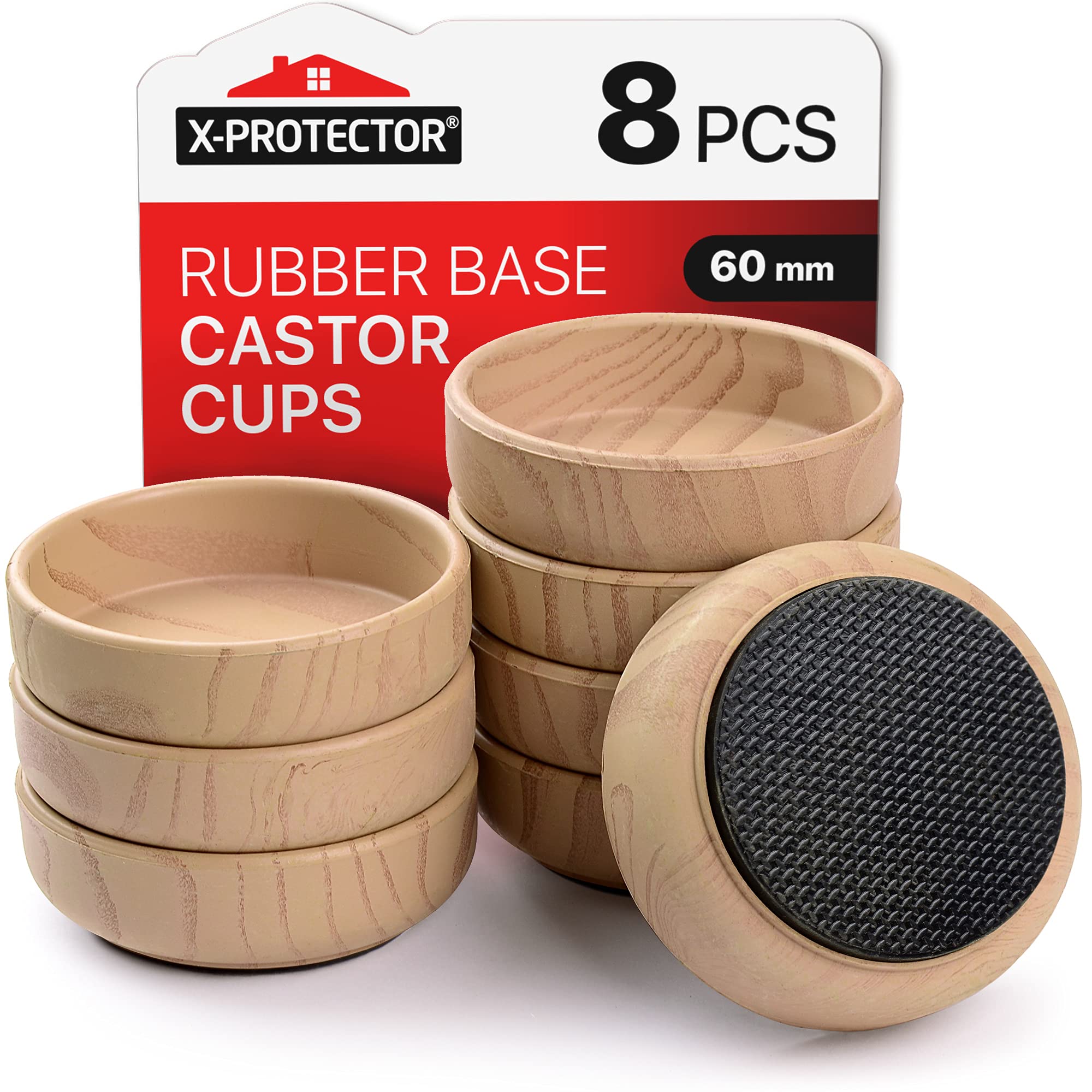 X-Protector Rubber Castor Cups 60mm - Non-Slip Floor Protectors 8 PK
