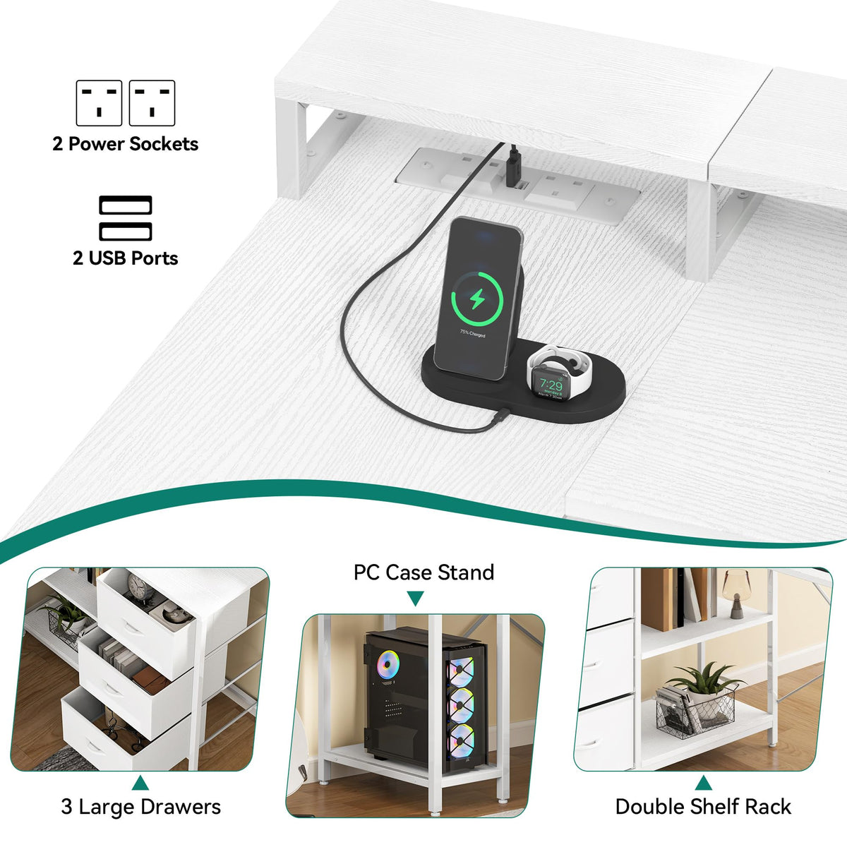 YITAHOME L Shaped Computer Desk with Drawers Power Outlet 140cm White - image 3