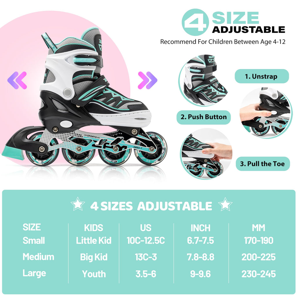 2pm Sports Light up Inline Skates - Adjustable Beginner Skates, Mint