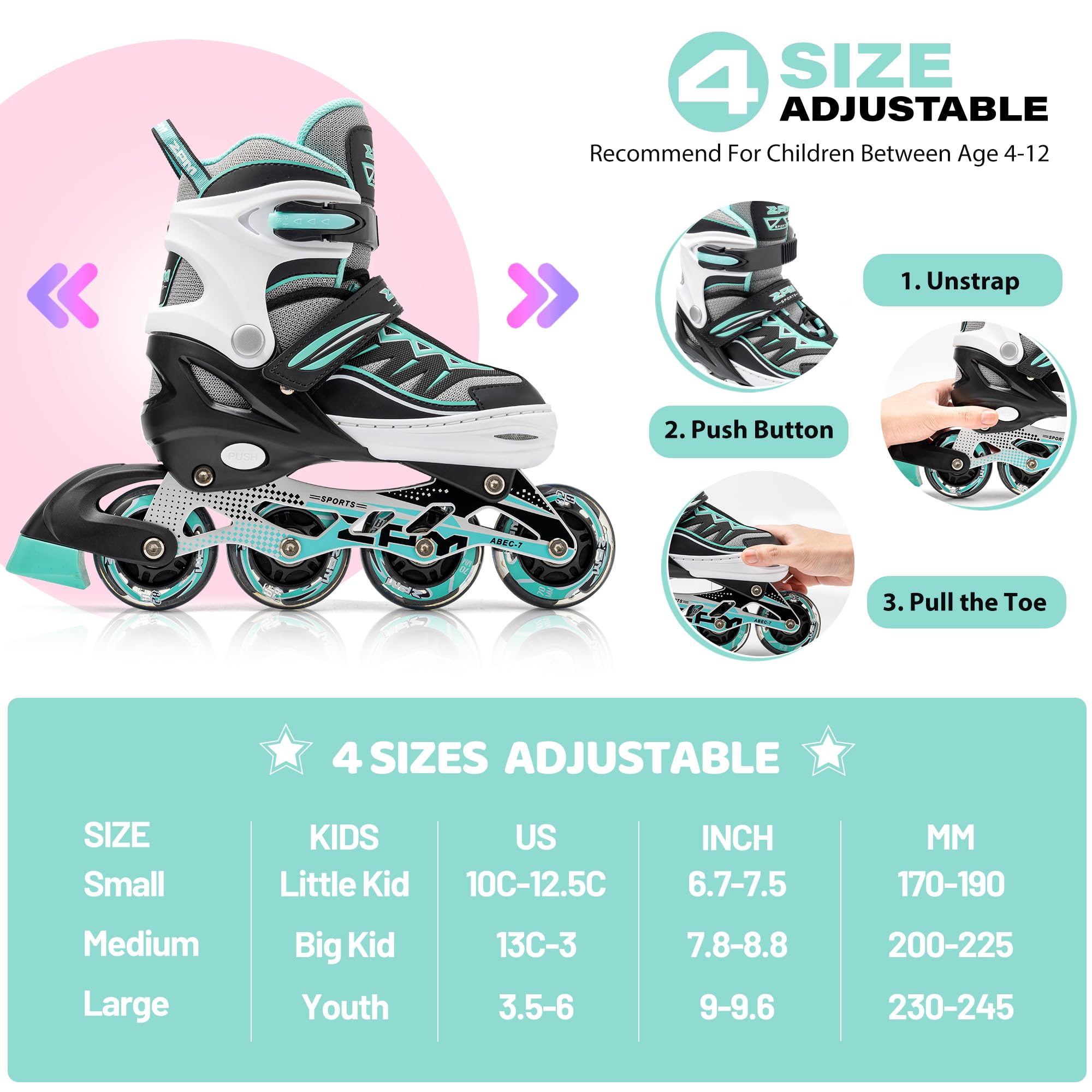 2pm Sports Light up Inline Skates - Adjustable Beginner Skates, Mint