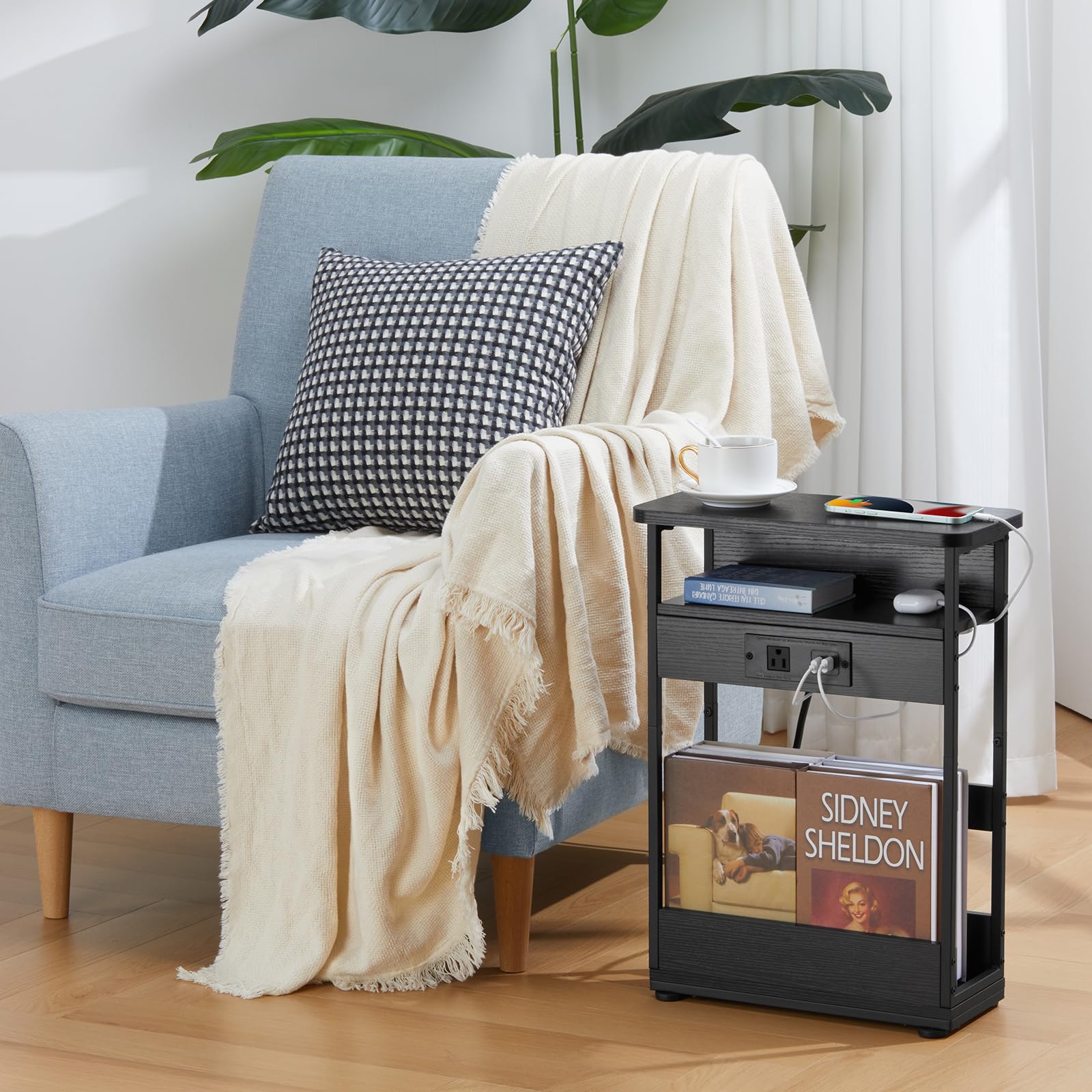 YEAKOO Narrow Side Table with Charging Station | 3-Tier Slim End Table