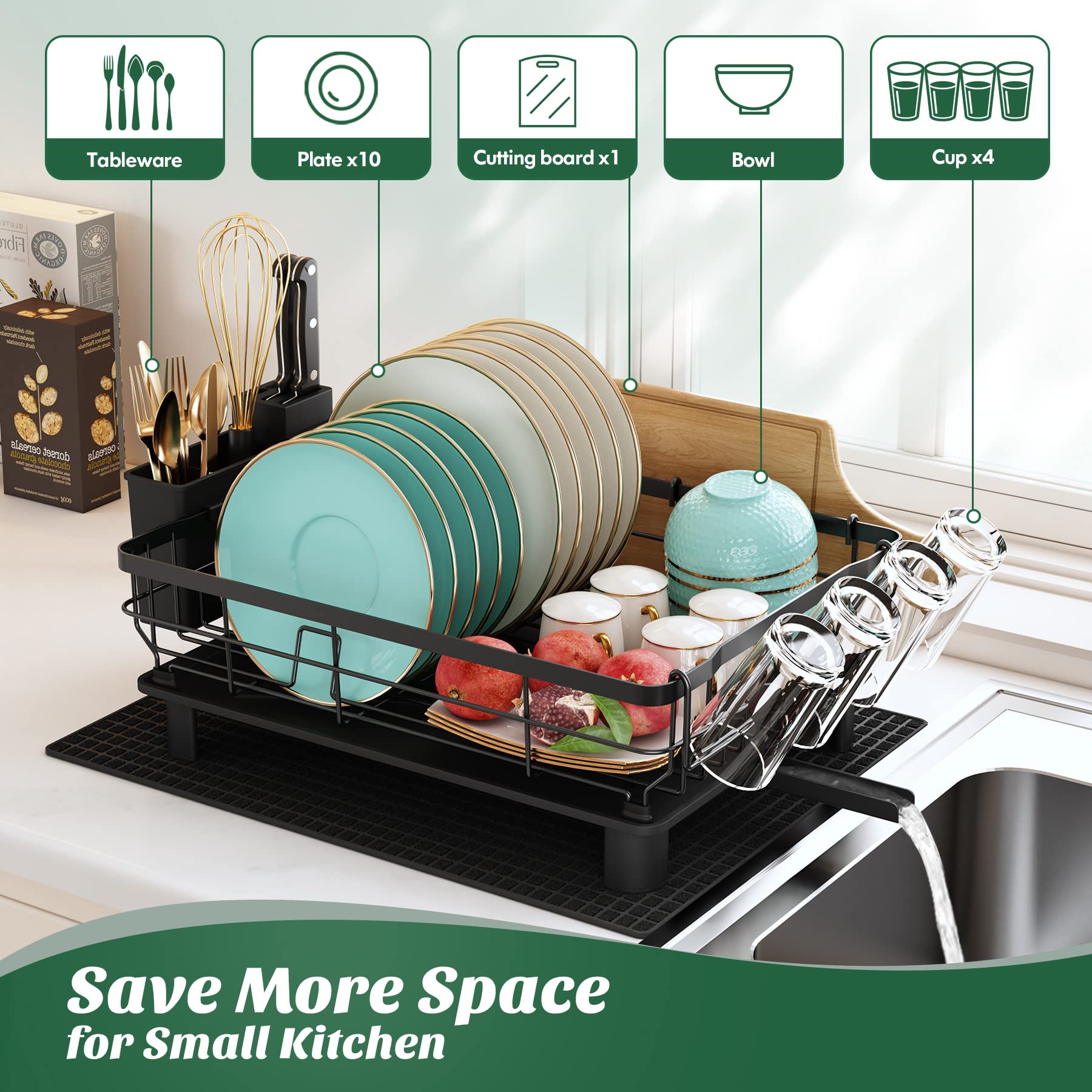MAJALiS Stainless Steel Dish Drying Rack with 360° Swivel Spout | Black