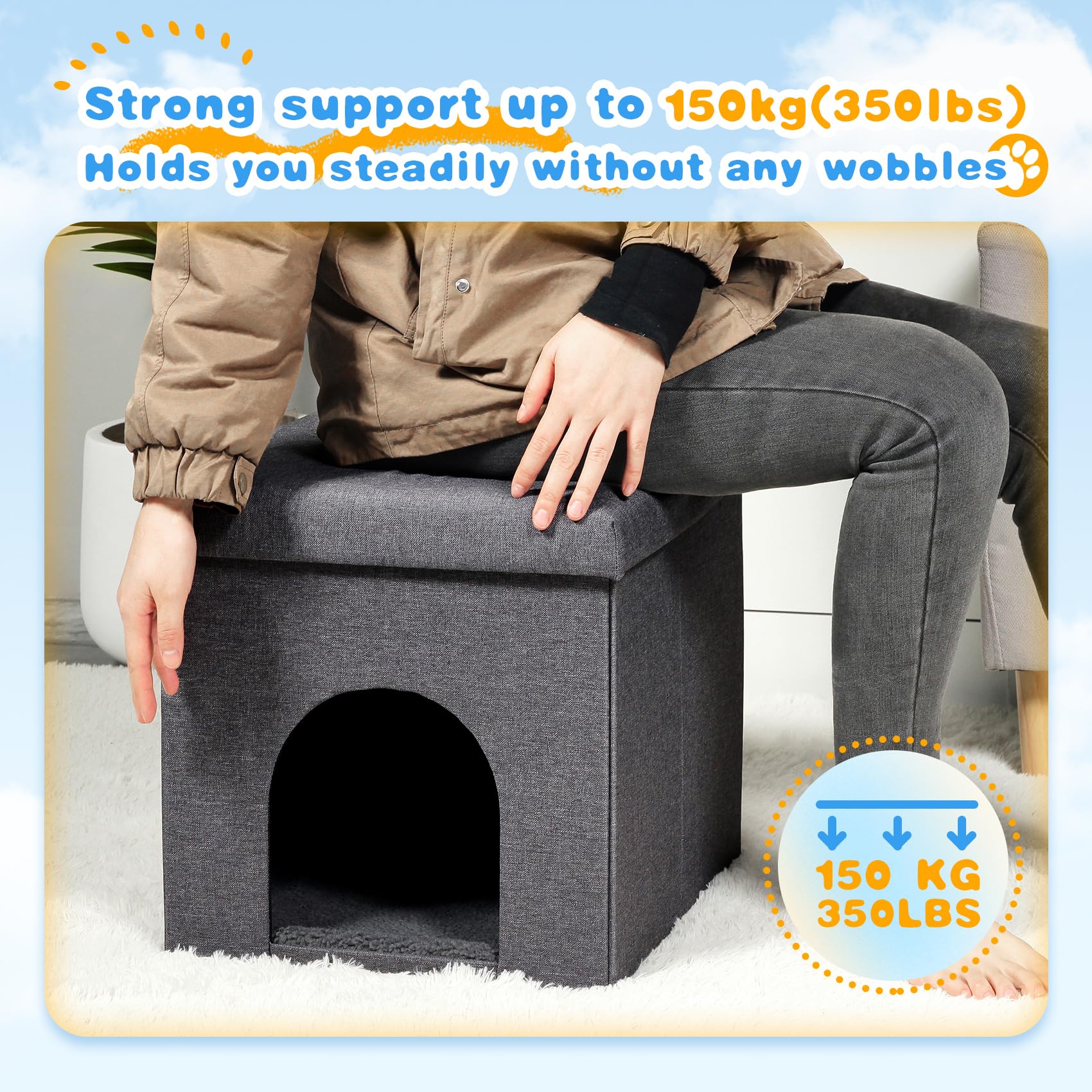 Bonlife Cat House Ottoman | Folding Linen Pet Cave Bed with Washable Pad