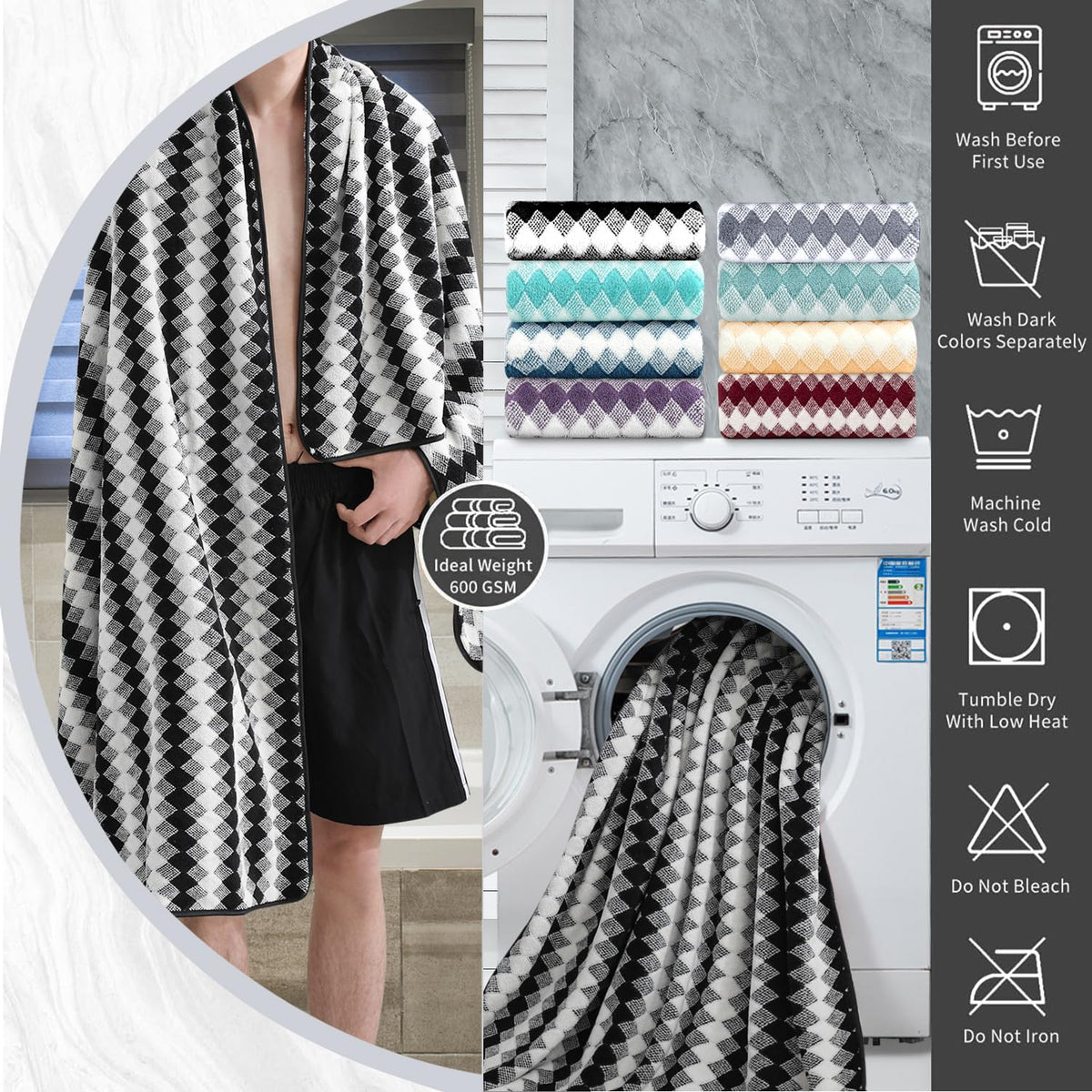 8 Piece Bathroom Towel Set Black White|2 Oversized Large Bath Towels Sheet,2 Hand Towels,4 Washcloths| 600GSM Soft Towel Set for Bathroom - image 4