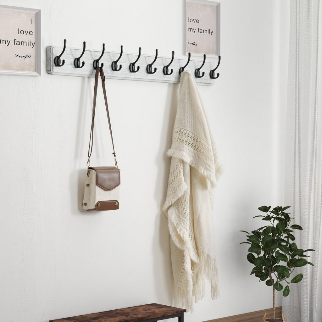 Dseap Heavy-Duty Wooden Wall Mounted Coat Rack - 97cm, 10 Hooks, 2 Pack