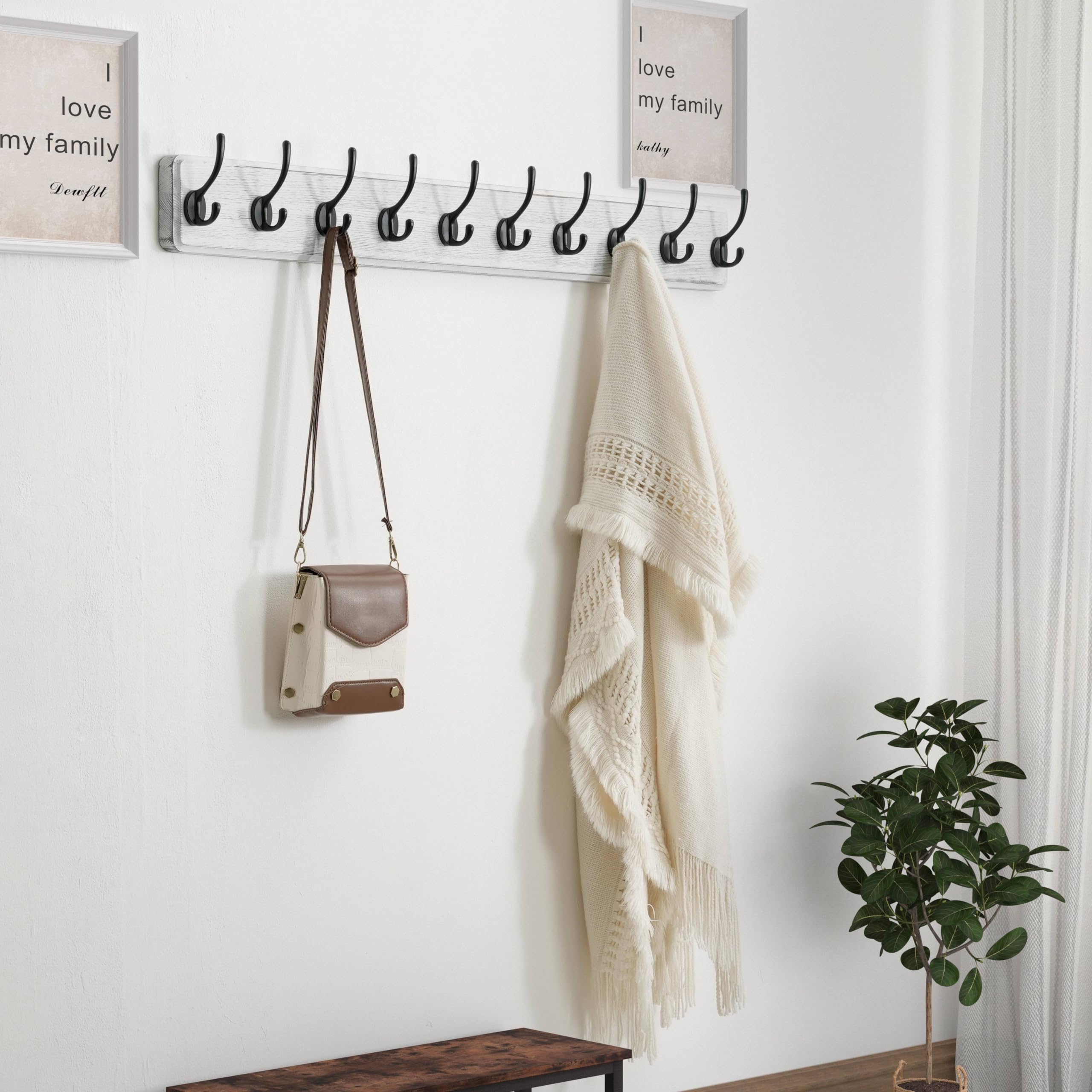 Dseap Heavy-Duty Wooden Wall Mounted Coat Rack - 97cm, 10 Hooks, 2 Pack