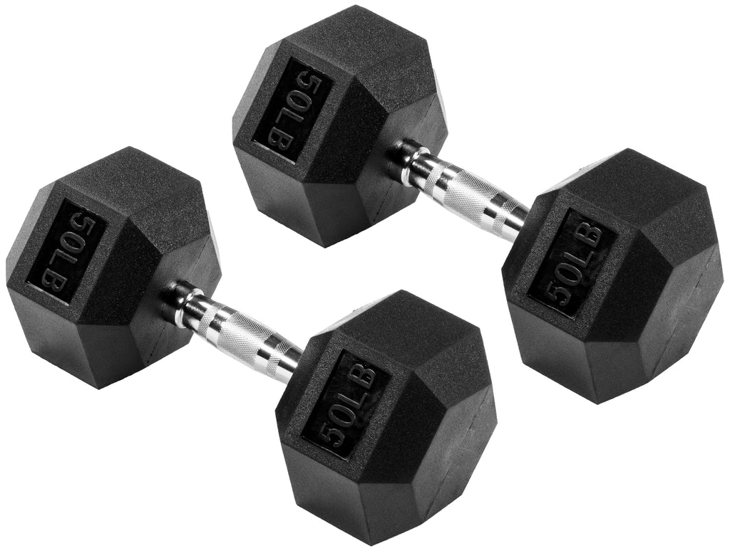 Signature Fitness Rubber Encased Hex Dumbbell Pair, 50LB Weights