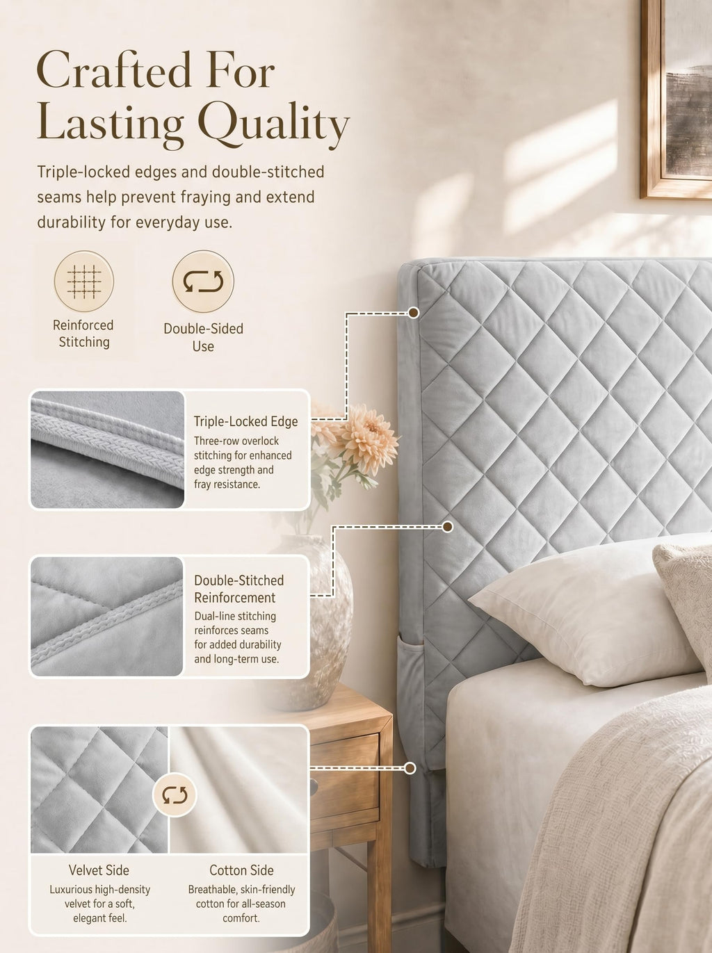 Bed Headboard Slipcover Quilted Thicken Protector Light grey,120x70cm - image 3