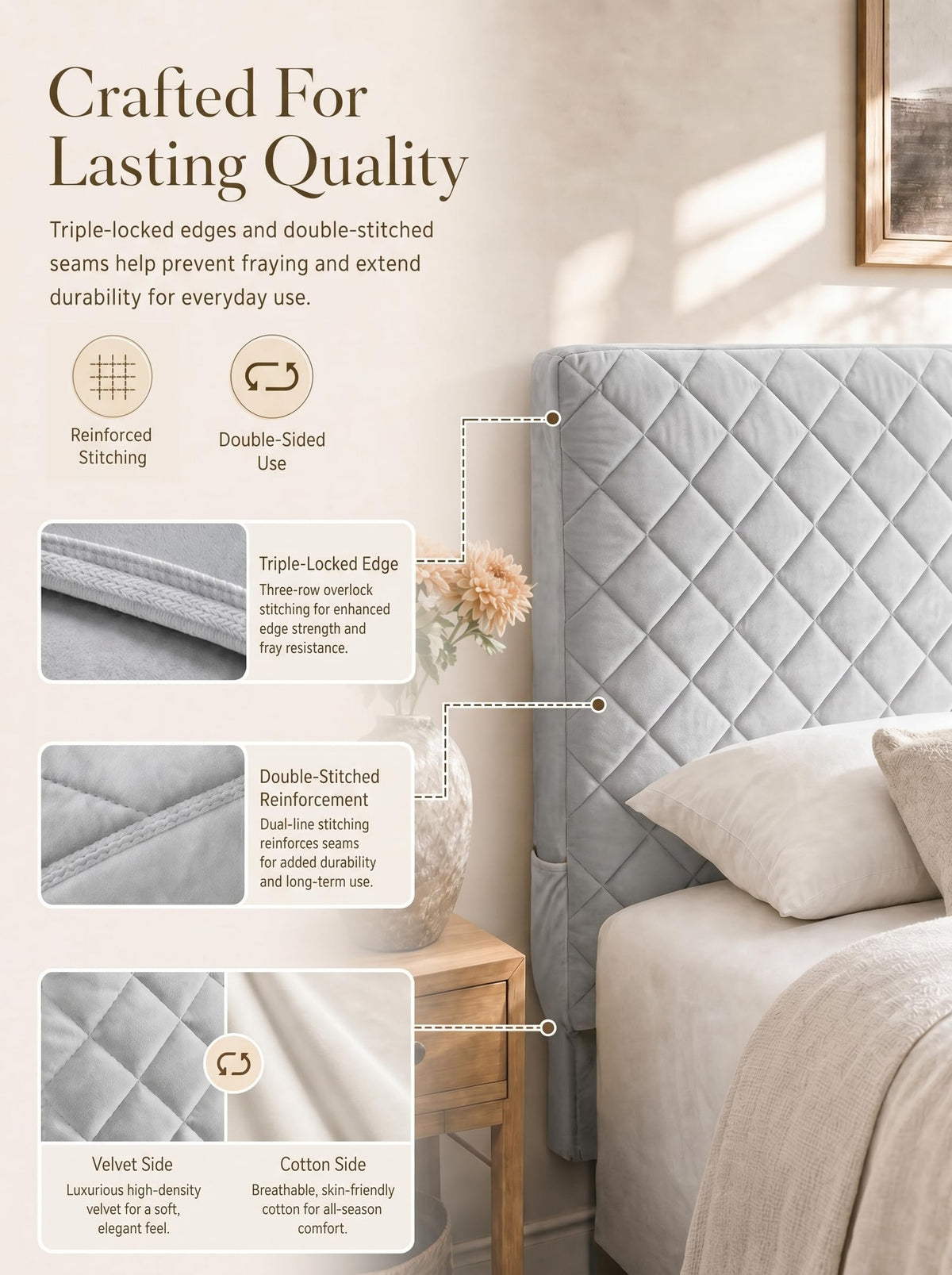 Bed Headboard Slipcover Quilted Thicken Protector Light grey,120x70cm - image 3