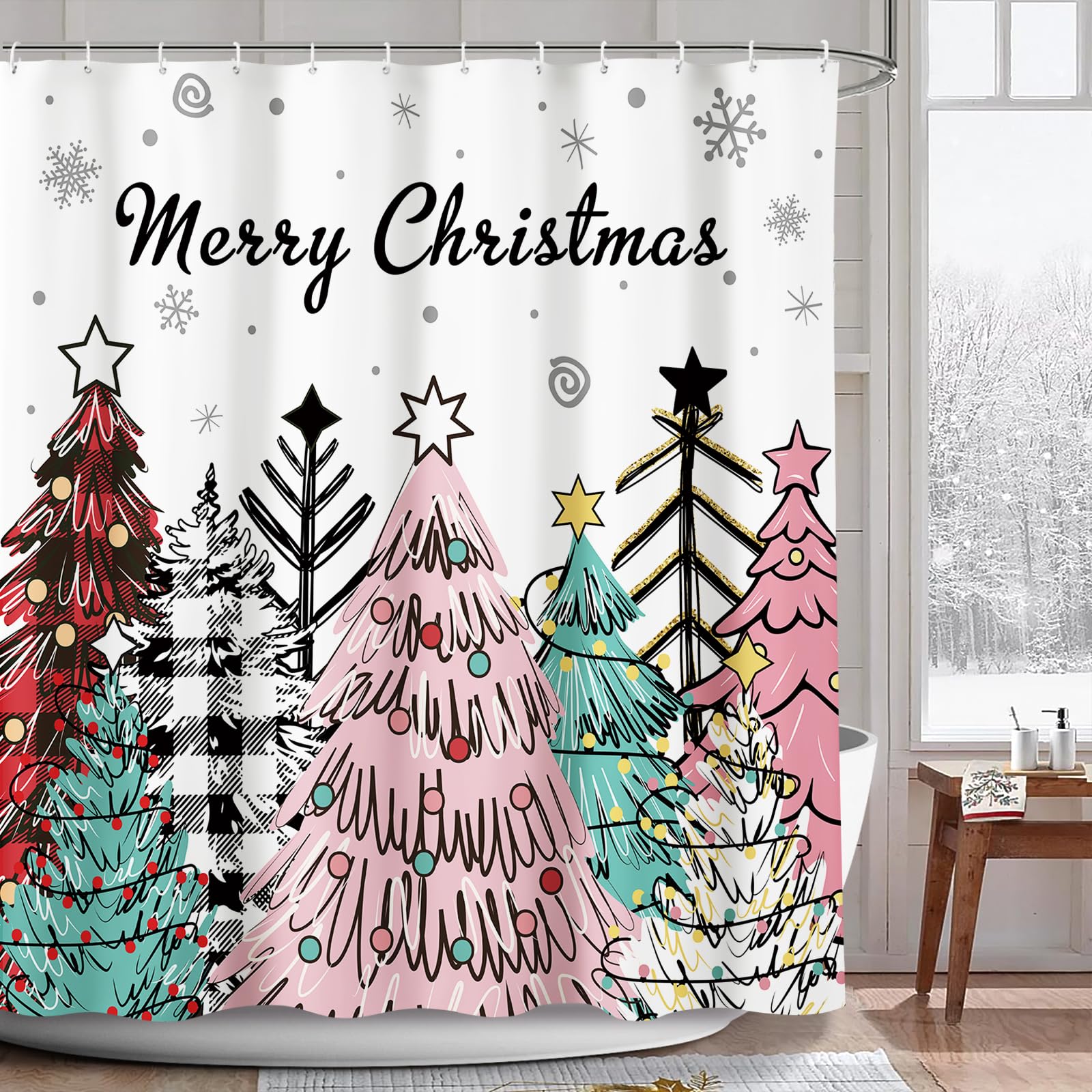 AIBIIN Christmas Shower Curtain | Buffalo Plaid Waterproof Fabric – 7x5ft