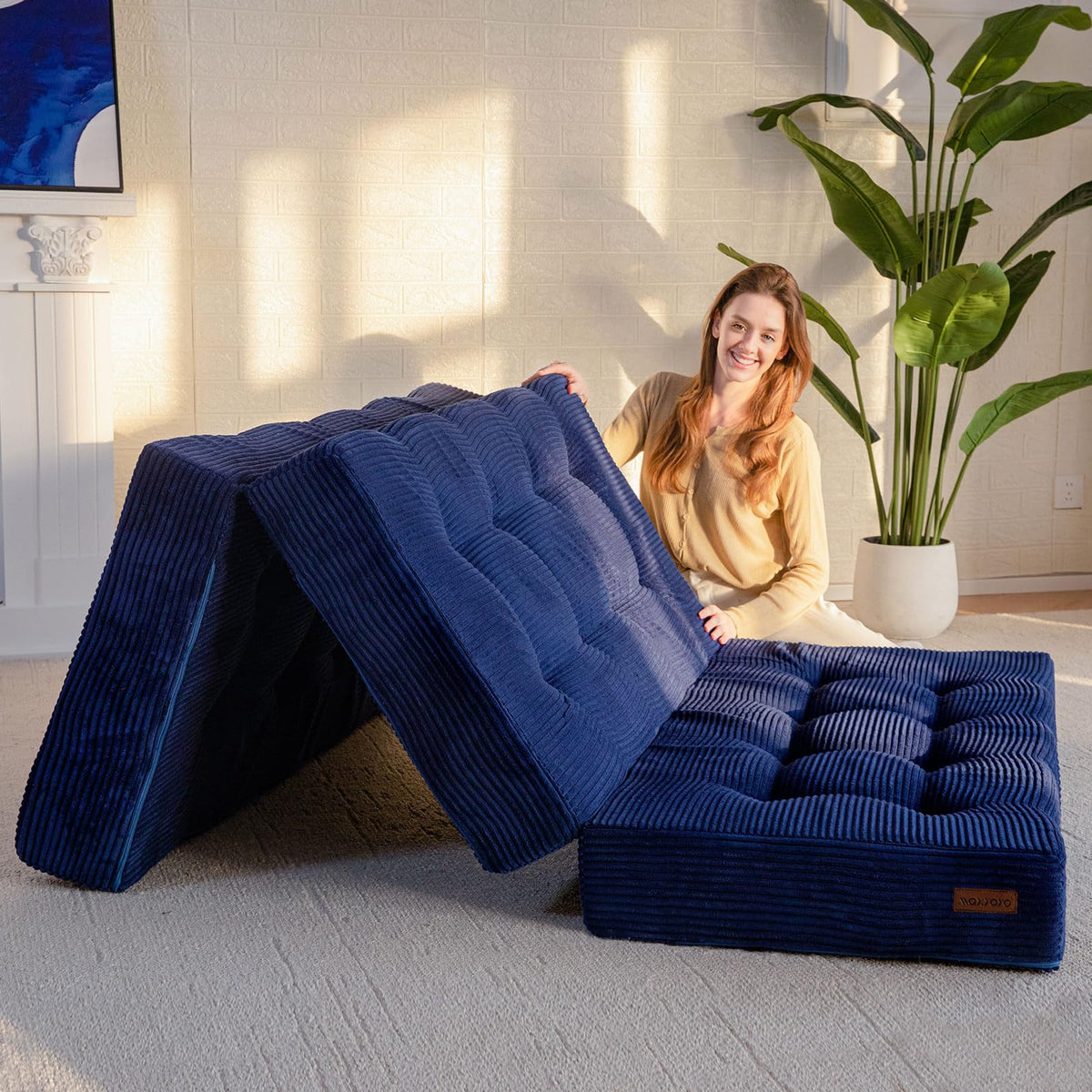 MAXYOYO Folding Mattress, Comfy Corduroy Foldable Mattress with 15cm Thicken Foam, Tri-Fold Floor Futon Sofa Bed for Guest,Dark blue,Double