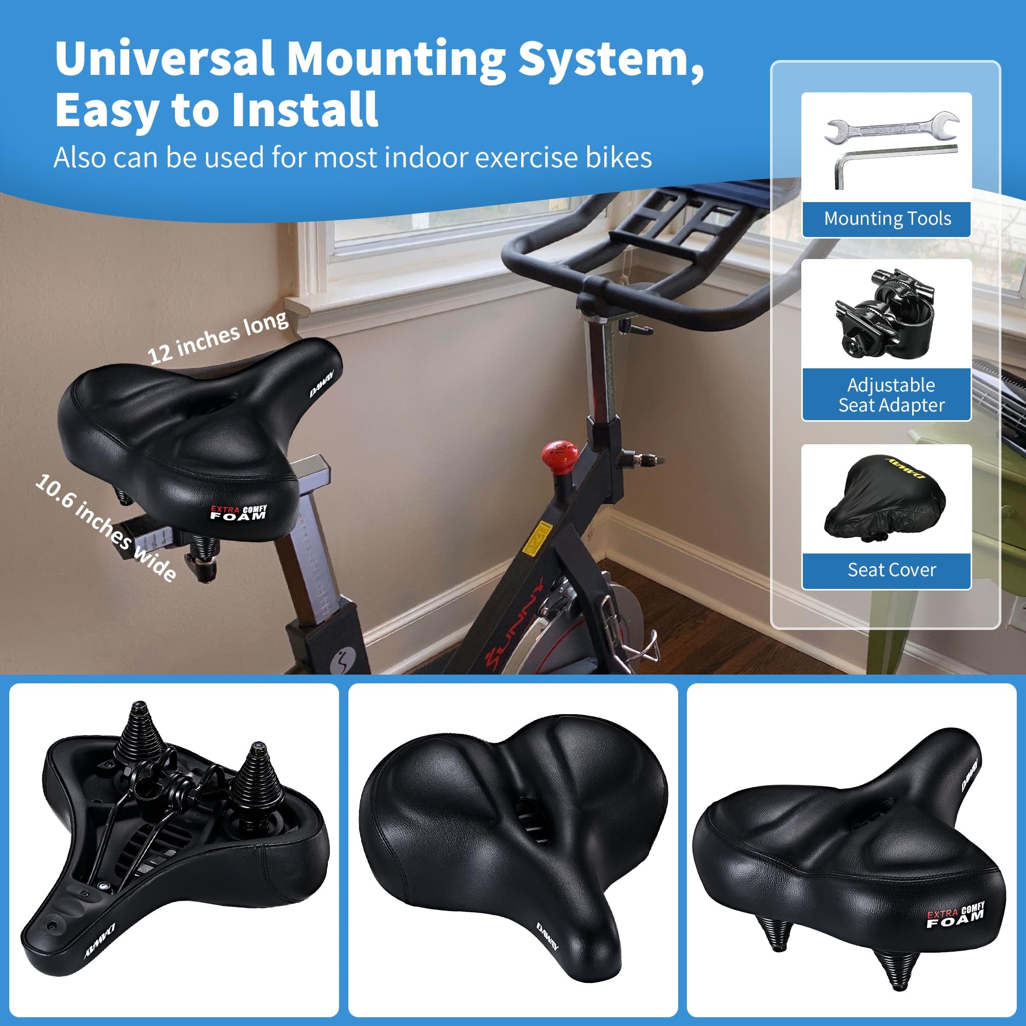 DAWAY C50 Extra Wide Bike Seat | Oversized Memory Foam Bicycle Saddle
