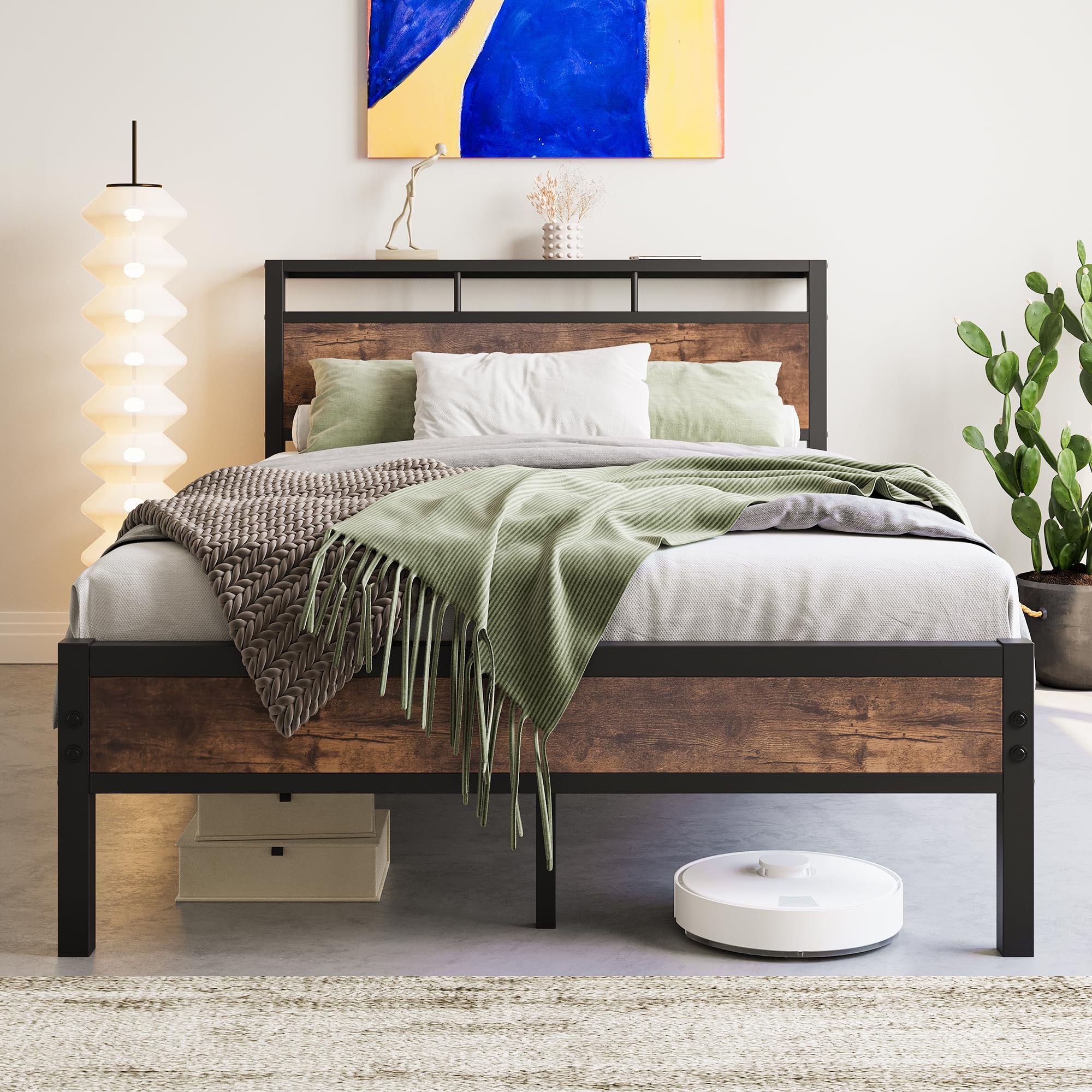 FOUBAM Metal Bed Frame with Wooden Headboard Shelves | 120x200cm Black