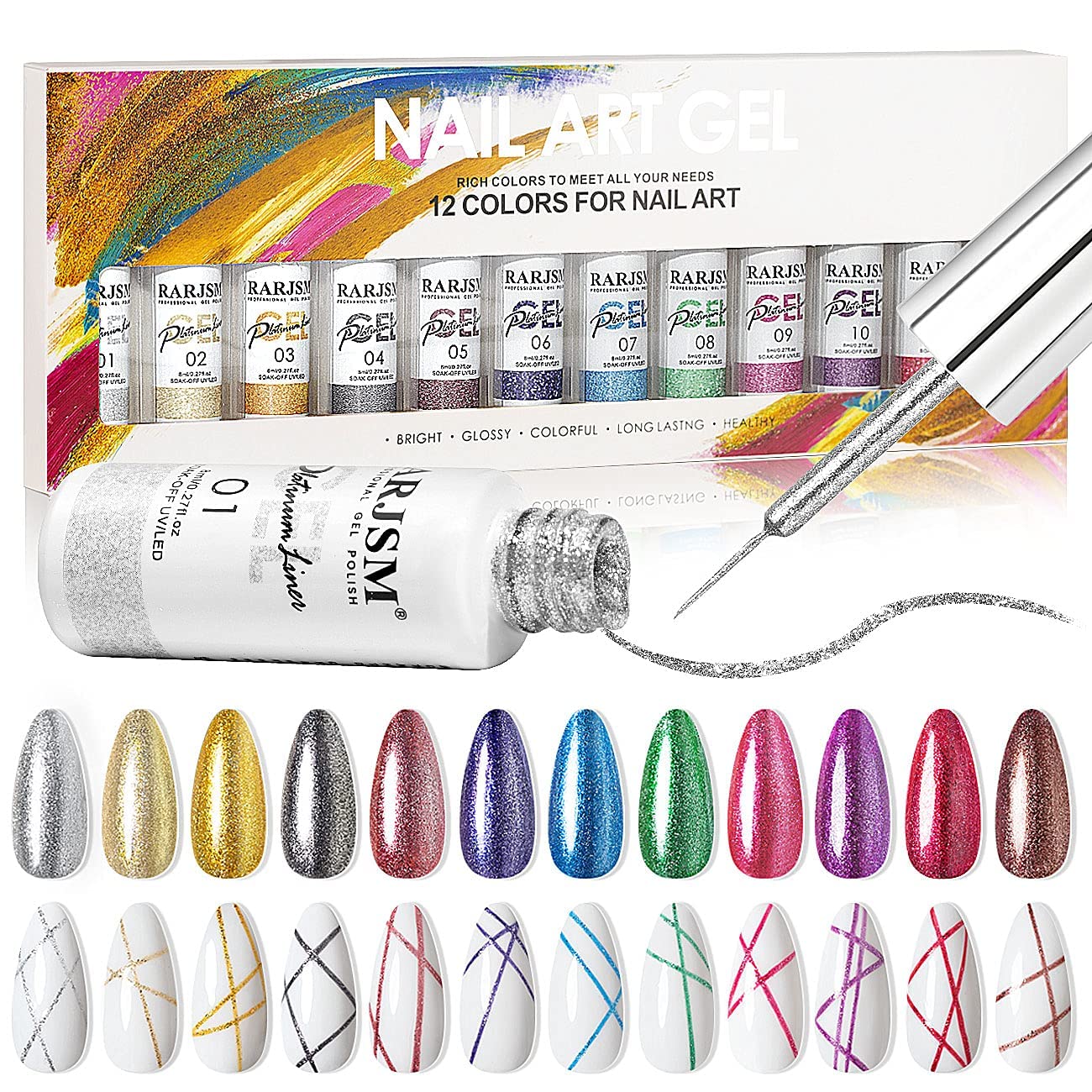 RARJSM 12 Color Platinum Liner Gel Nail Polish Set – Glitter Art Paint