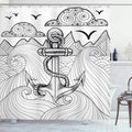 ABAKUHAUS Anchor Shower Curtain – Black & White Nautical Fabric Decor