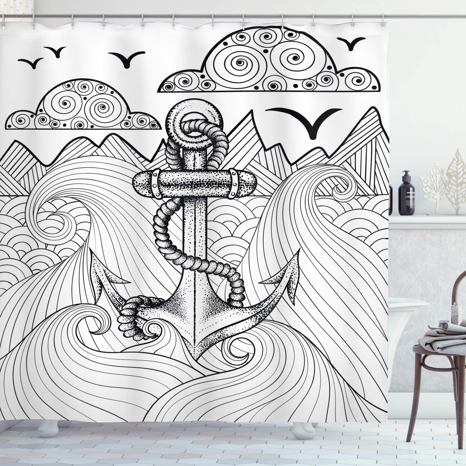 ABAKUHAUS Anchor Shower Curtain – Black & White Nautical Fabric Decor
