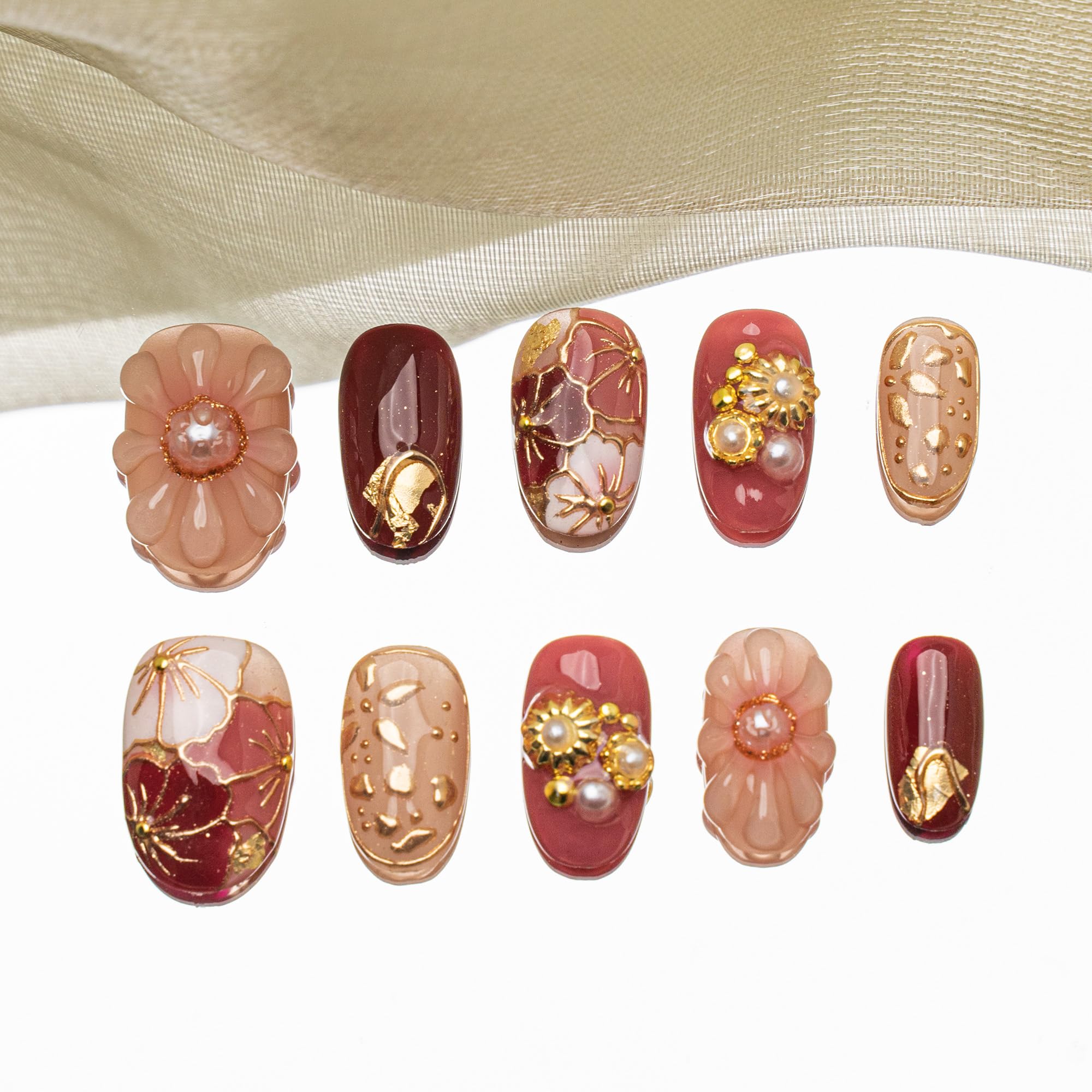 Sun&Beam Nails – Handmade Short Oval Press-On Nails | 3D Japanese Flower