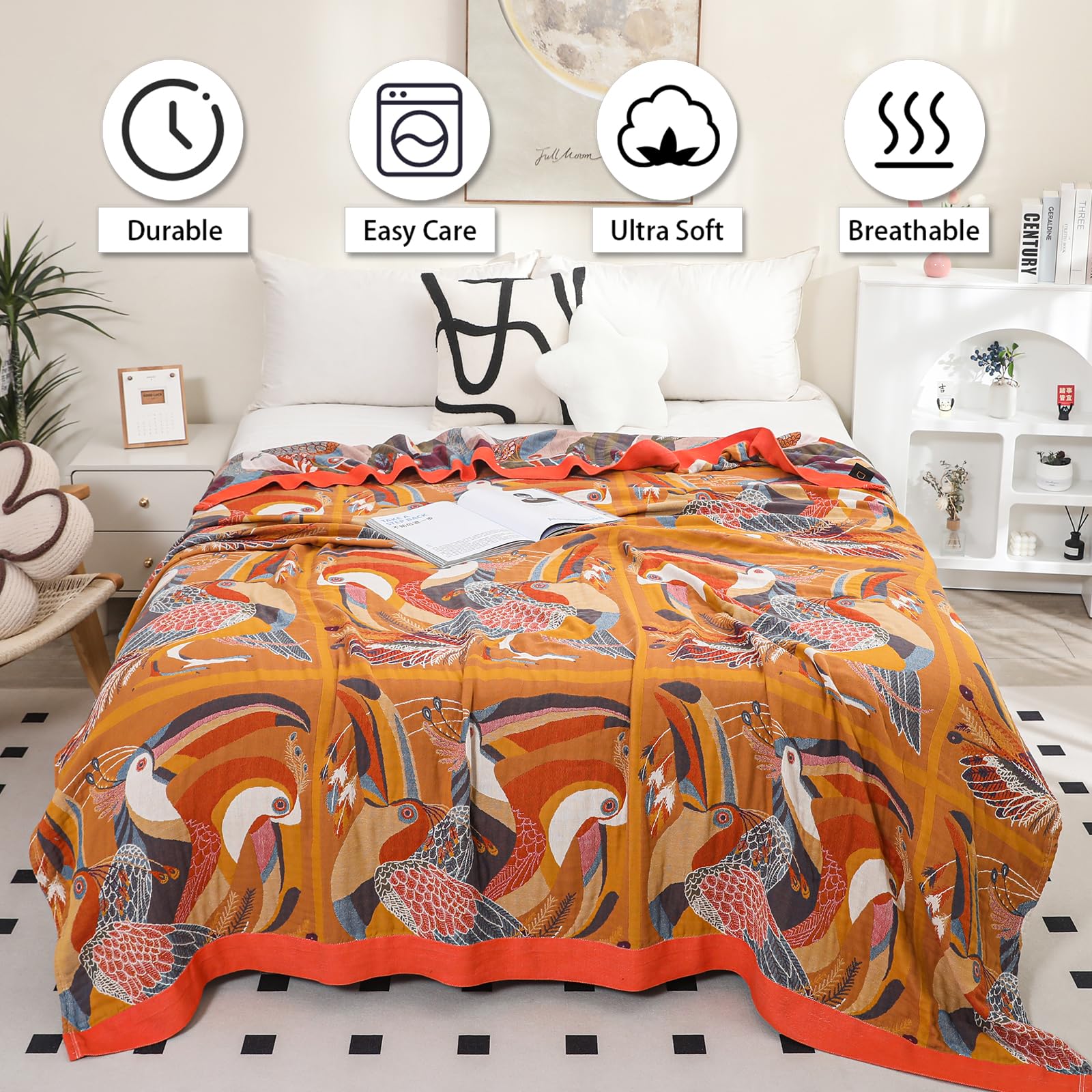 VANJOROY Organic Cotton Bohemian Throw Blanket – Soft Floral Bedspread