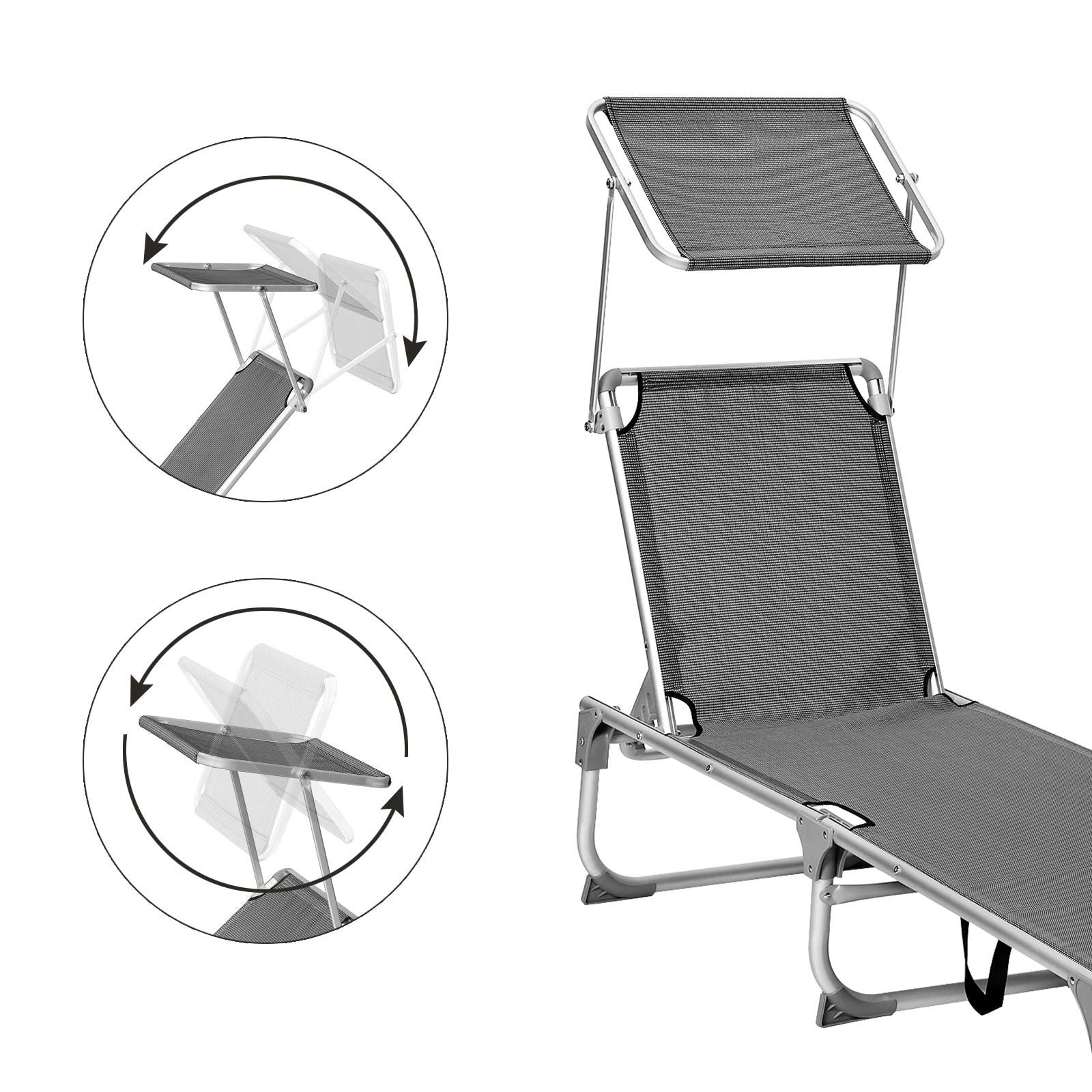 SONGMICS Foldable Sun Lounger | Adjustable Sunbed with Sunshade - Dark Grey
