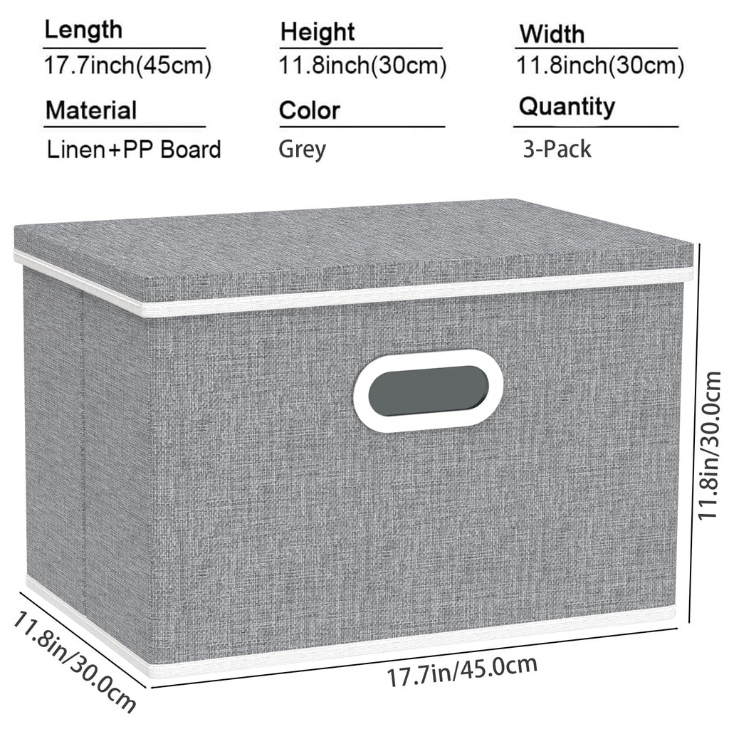 Yawinhe Collapsible Storage Bins with Lids - 3 Pack Grey Fabric Cubes