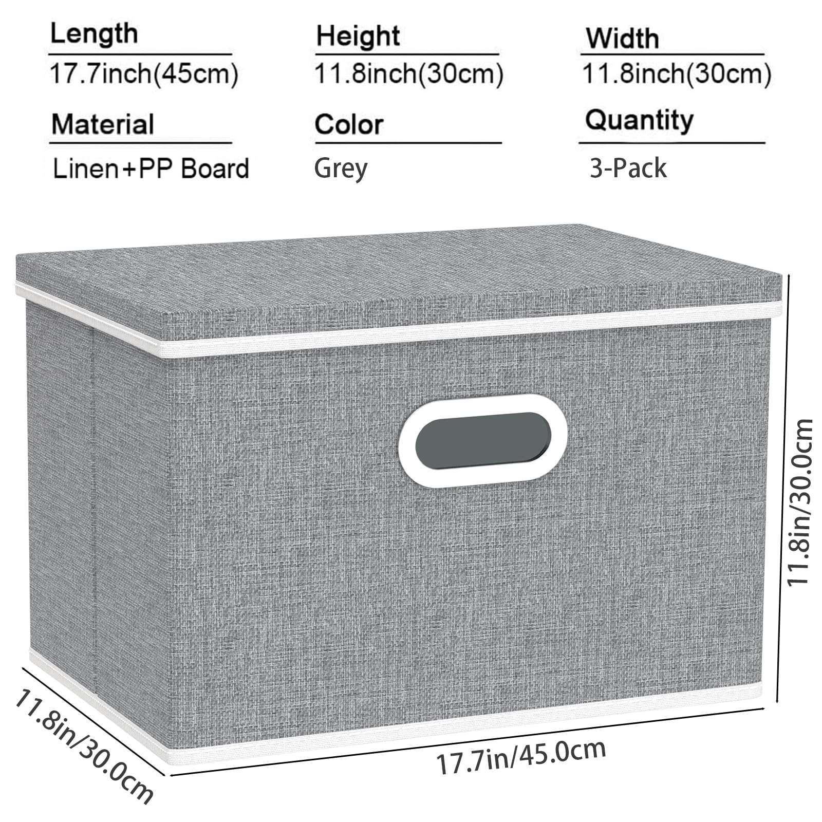 Yawinhe Collapsible Storage Bins with Lids - 3 Pack Grey Fabric Cubes