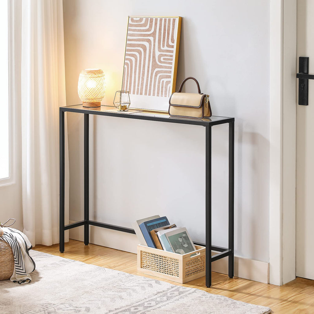 HOOBRO Modern Glass Console Table – Slim Metal Sofa Table, Black