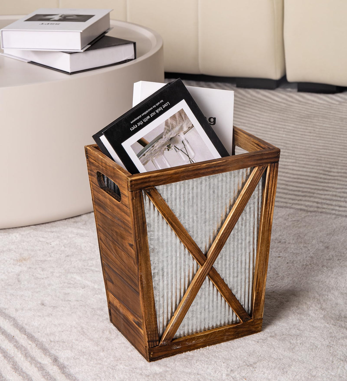 Venalys Small Wood Trash Can Wastebasket, Decorative Barn Door Garbage Can Waste Basket, Rustic Distressed Rectangular Trash Bin - image 3